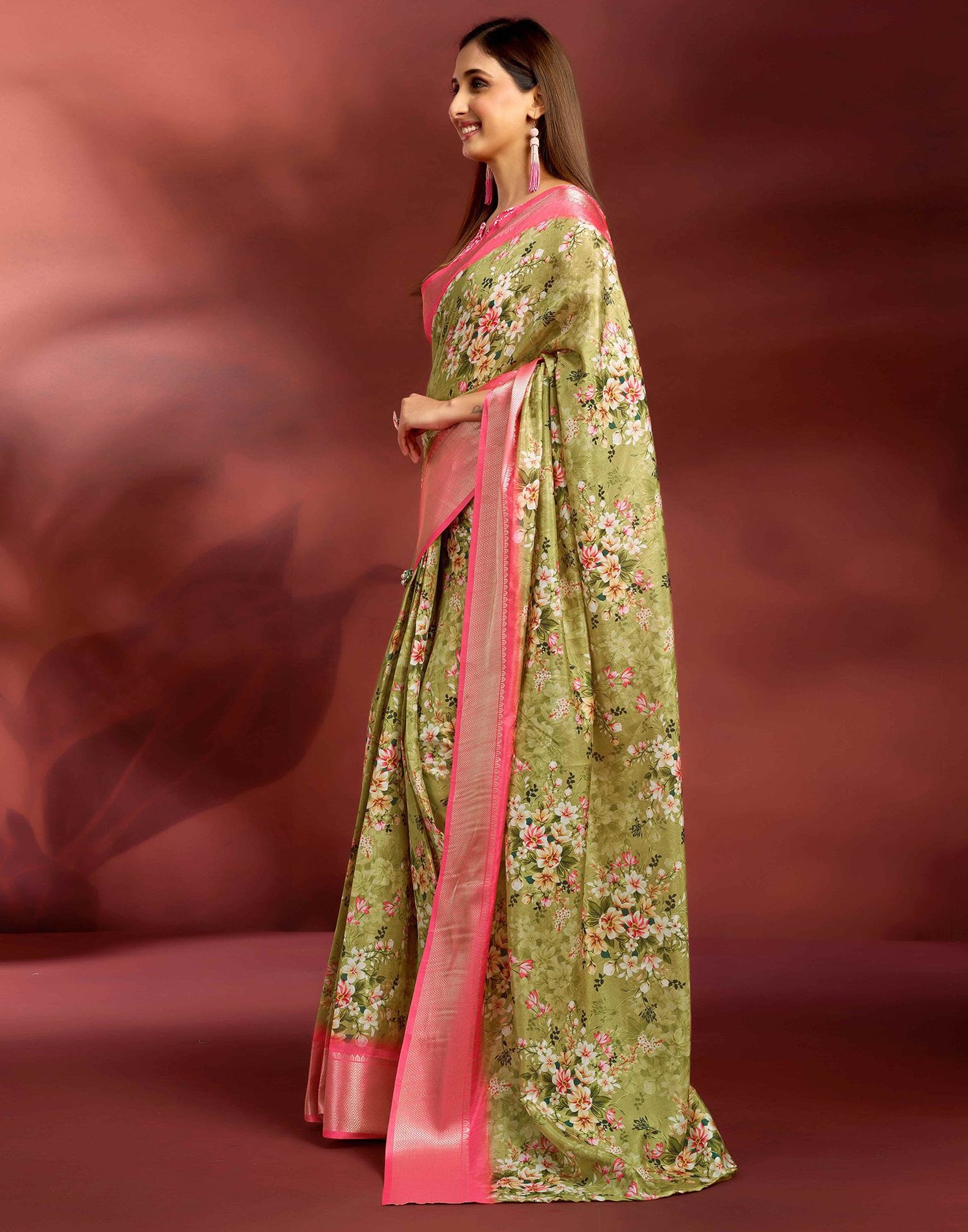 Ready To Wear Moss Green Dola Silk Printed Saree