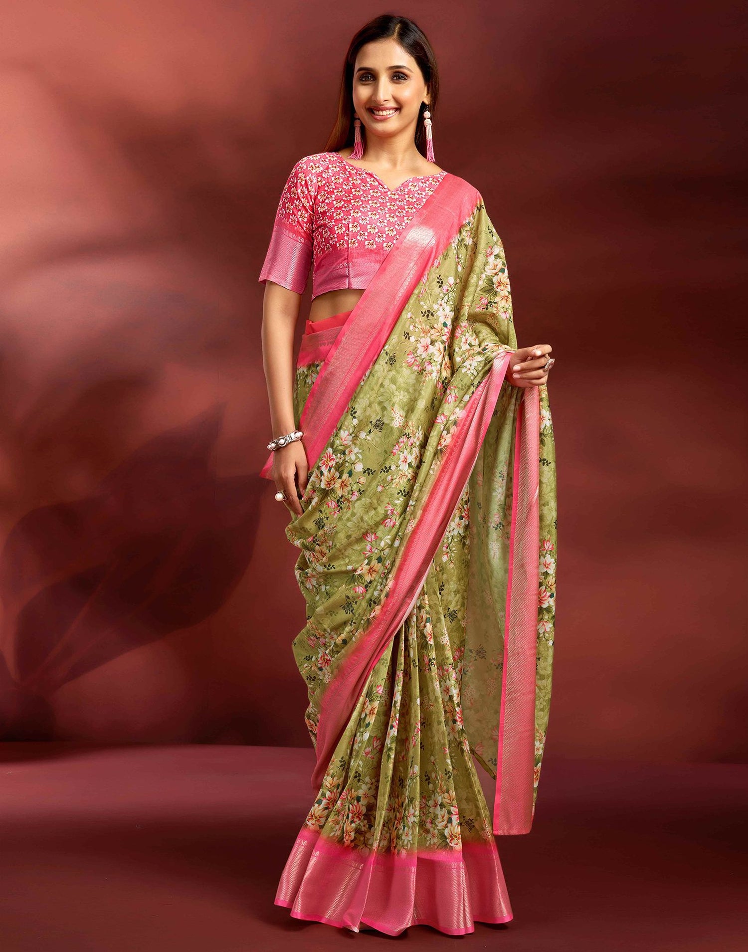 Ready To Wear Moss Green Dola Silk Printed Saree