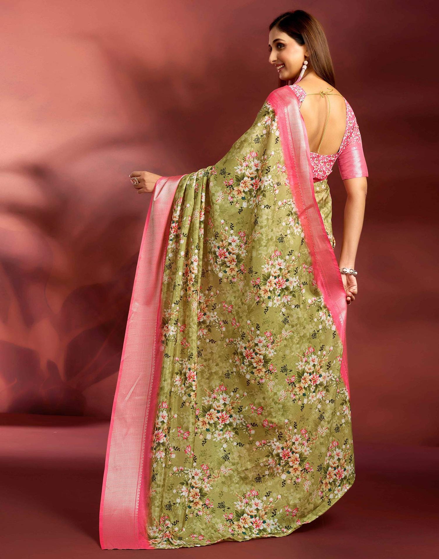 Ready To Wear Moss Green Dola Silk Printed Saree