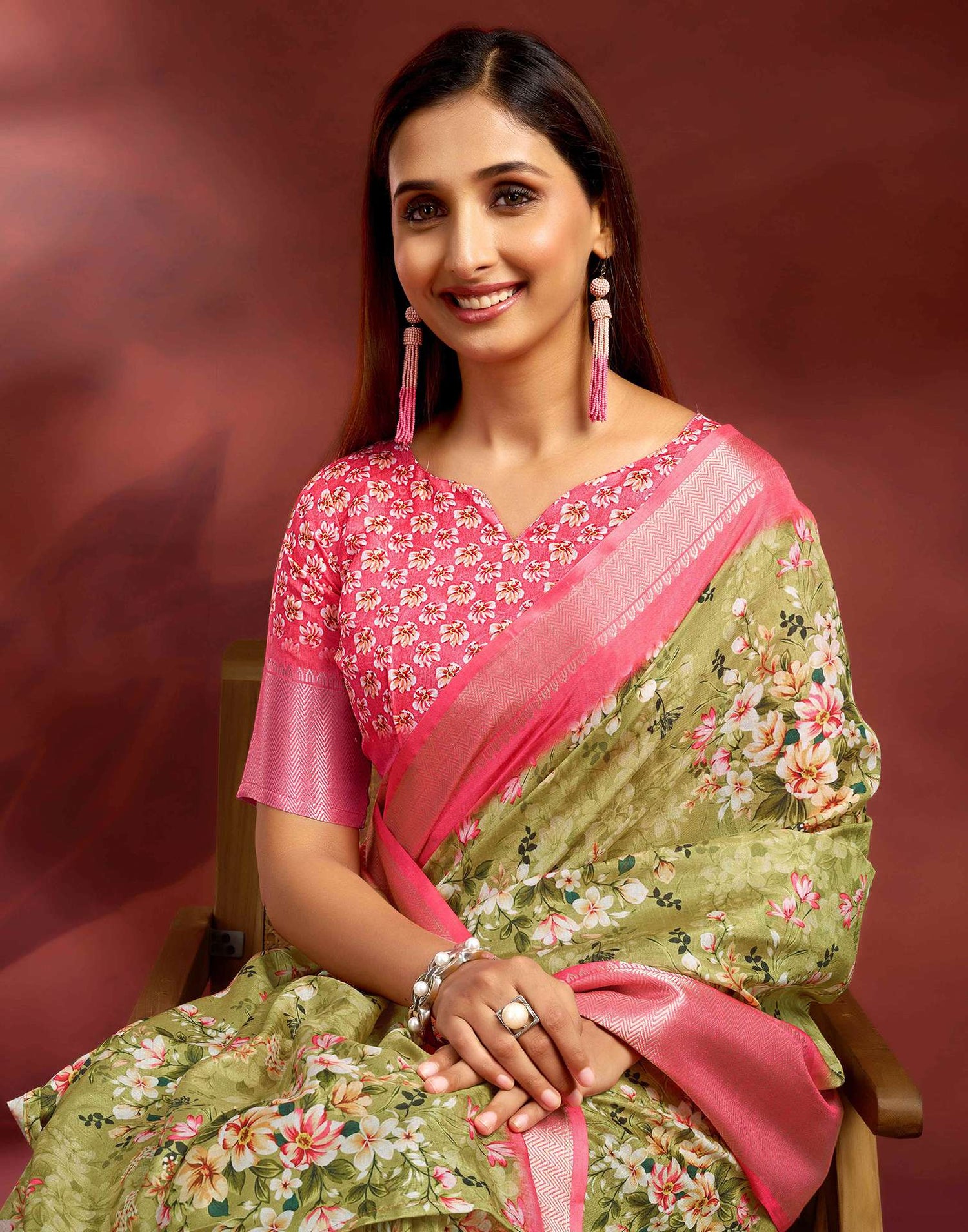 Ready To Wear Moss Green Dola Silk Printed Saree