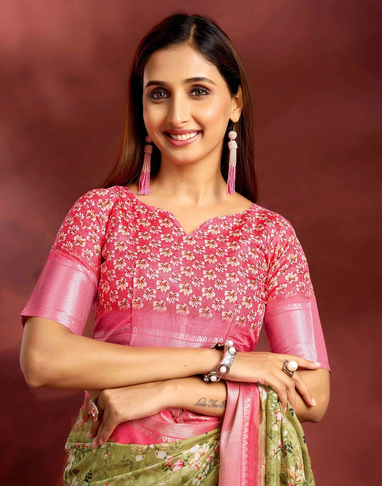 Ready To Wear Moss Green Dola Silk Printed Saree