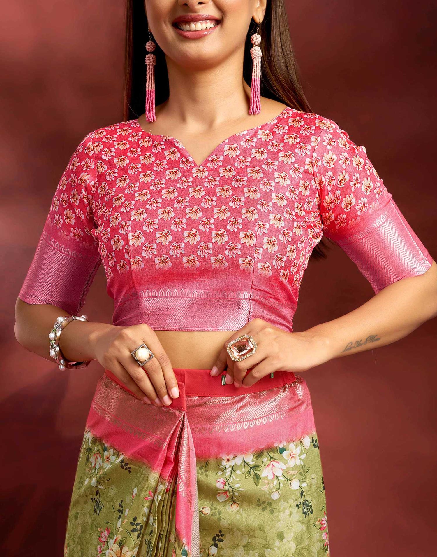 Ready To Wear Moss Green Dola Silk Printed Saree