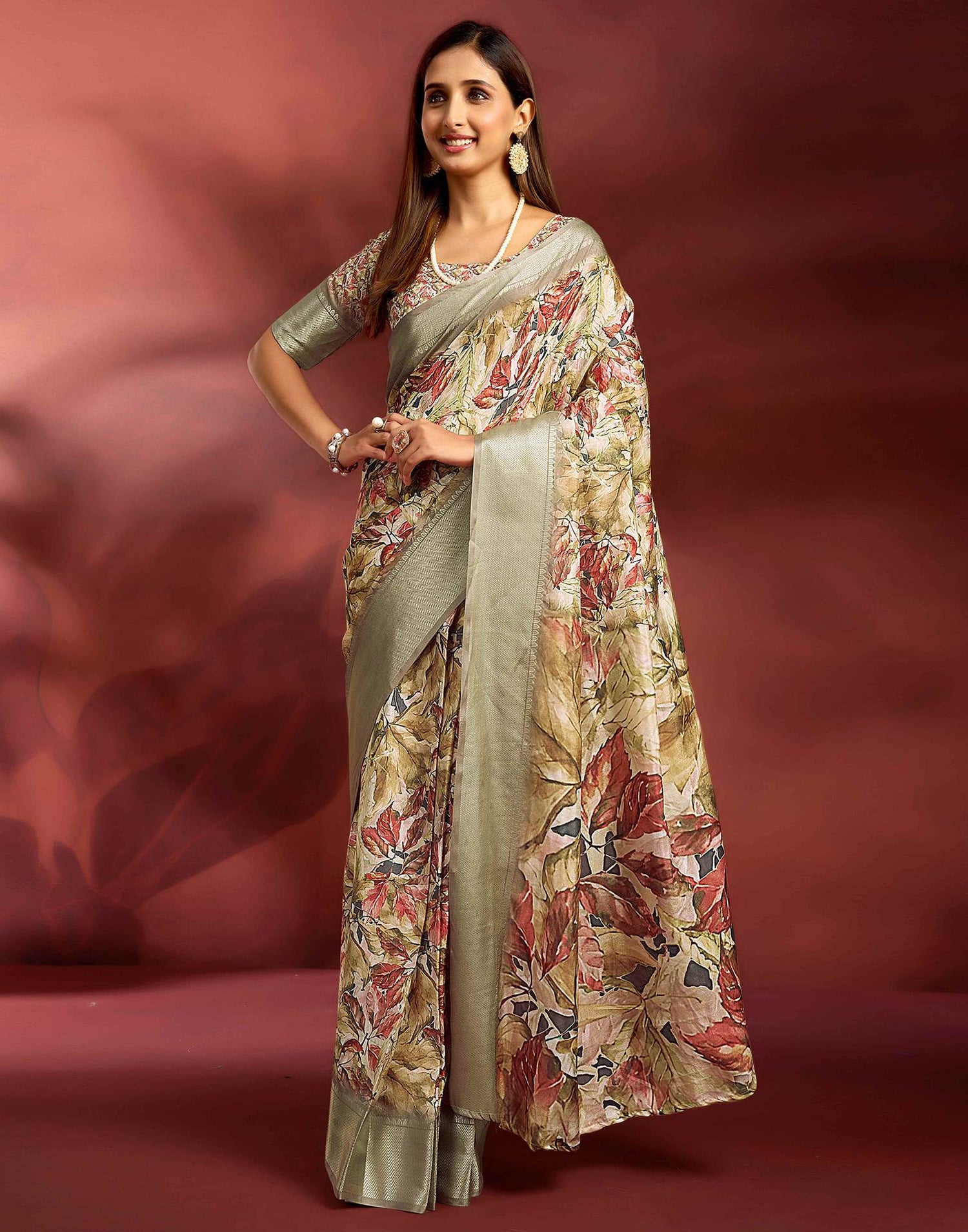 Ready To Wear Khaki Dola Silk Printed Saree