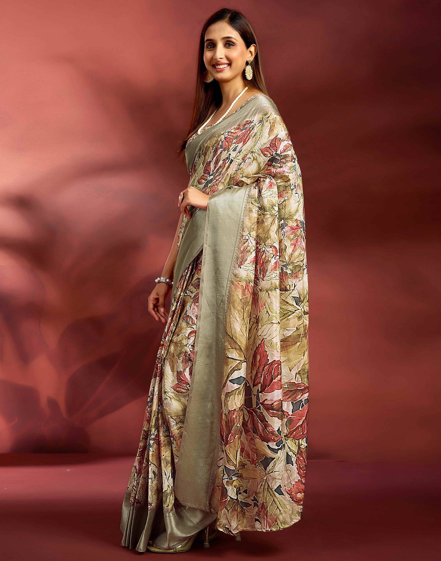 Ready To Wear Khaki Dola Silk Printed Saree