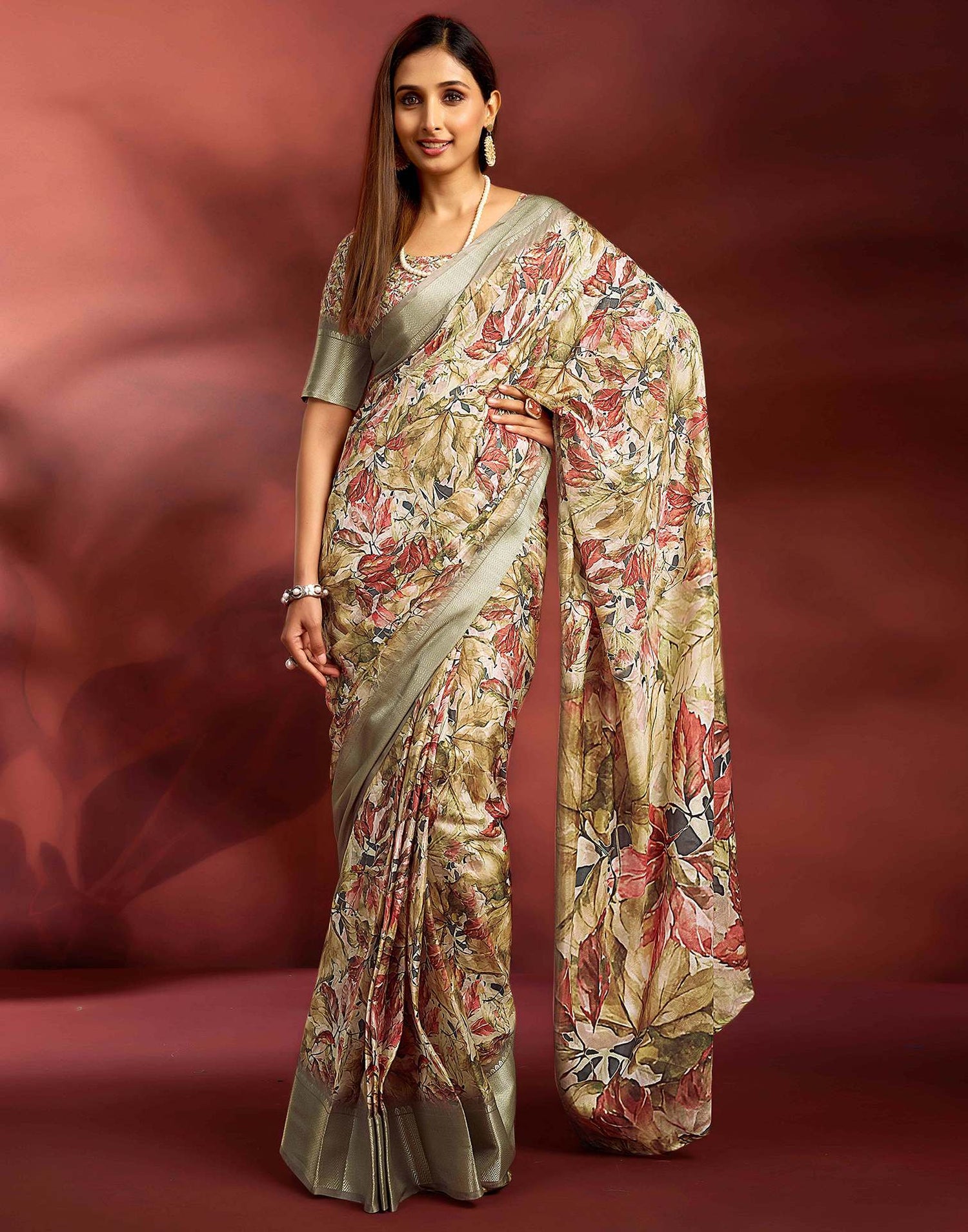 Ready To Wear Khaki Dola Silk Printed Saree