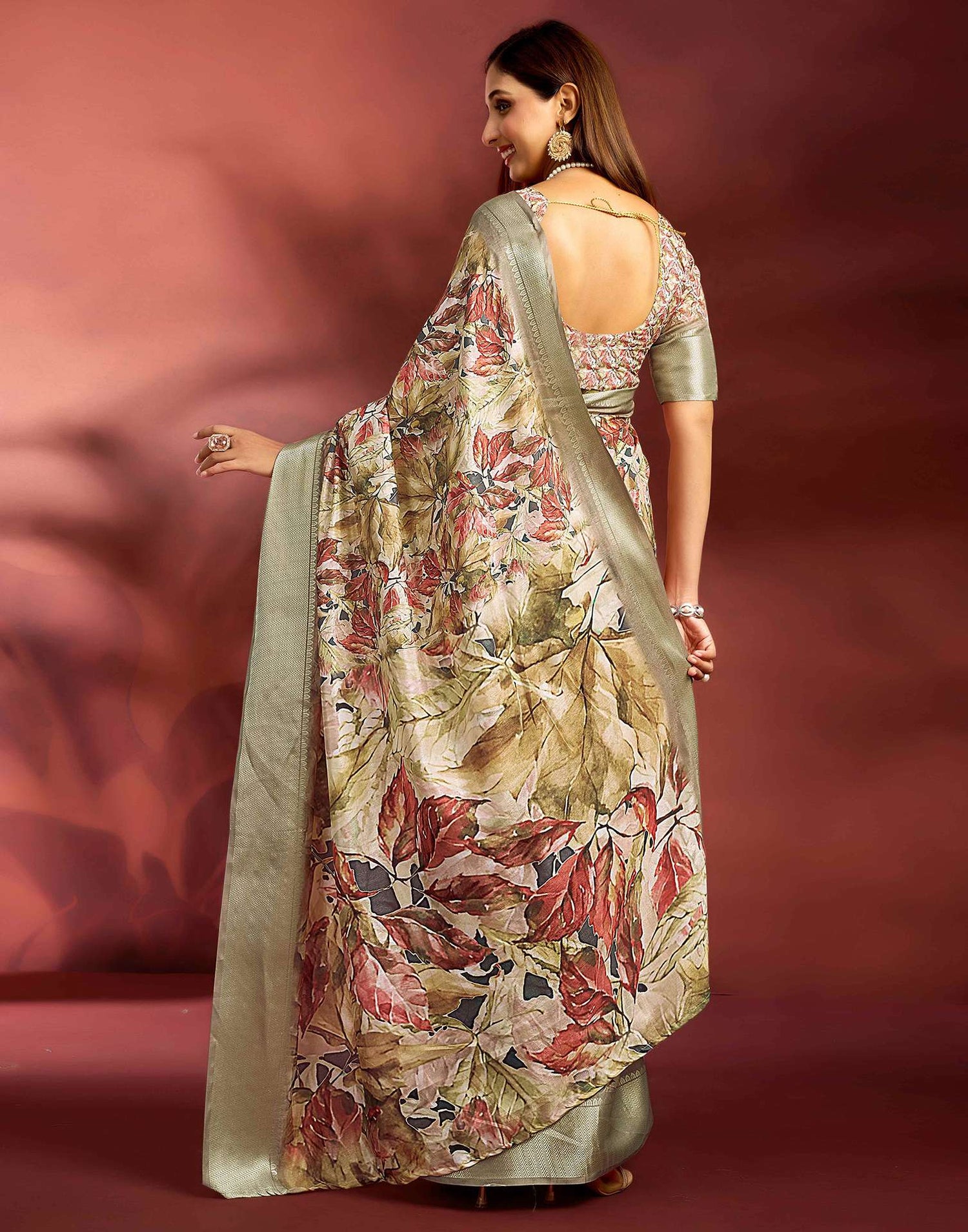 Ready To Wear Khaki Dola Silk Printed Saree