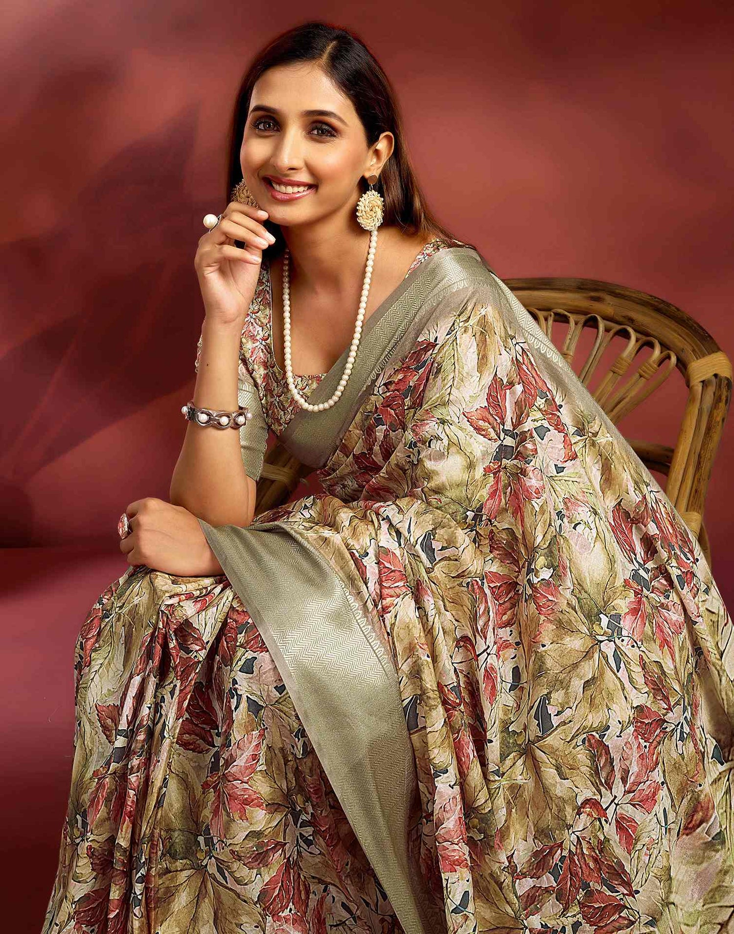 Ready To Wear Khaki Dola Silk Printed Saree