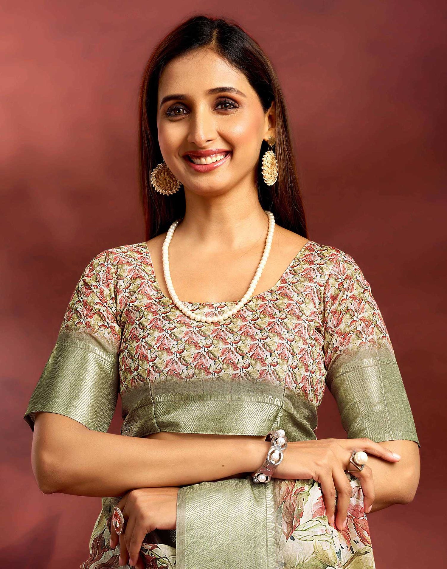 Ready To Wear Khaki Dola Silk Printed Saree