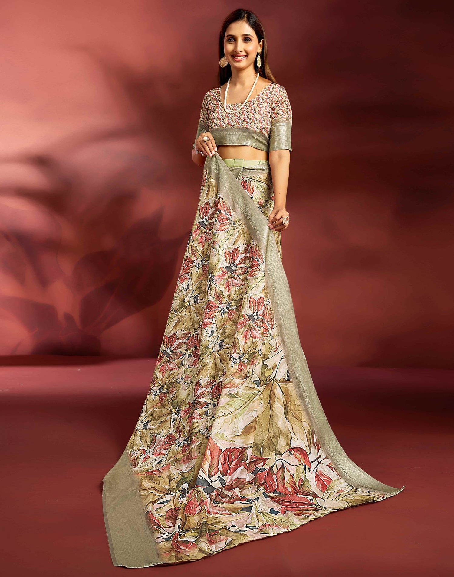 Ready To Wear Khaki Dola Silk Printed Saree