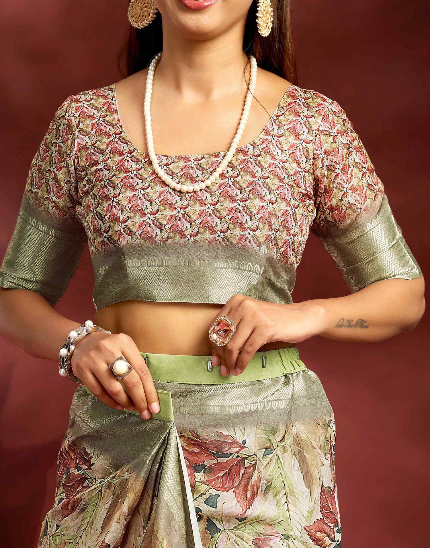 Ready To Wear Khaki Dola Silk Printed Saree