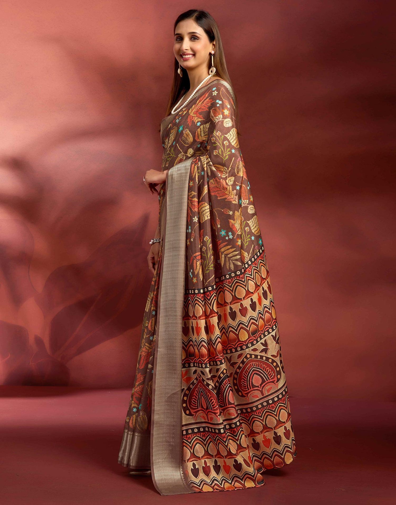 Ready To Wear Brown Dola Silk Printed Saree