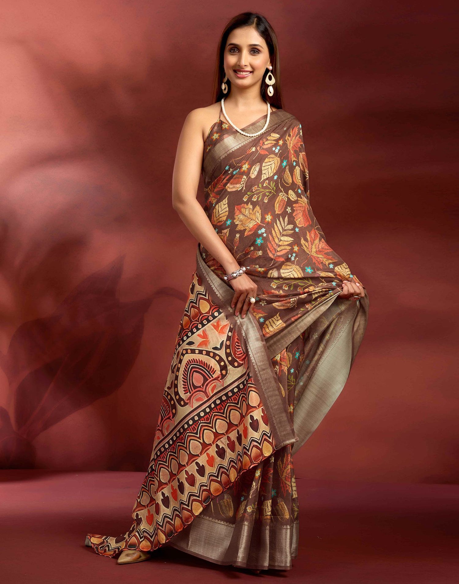 Ready To Wear Brown Dola Silk Printed Saree