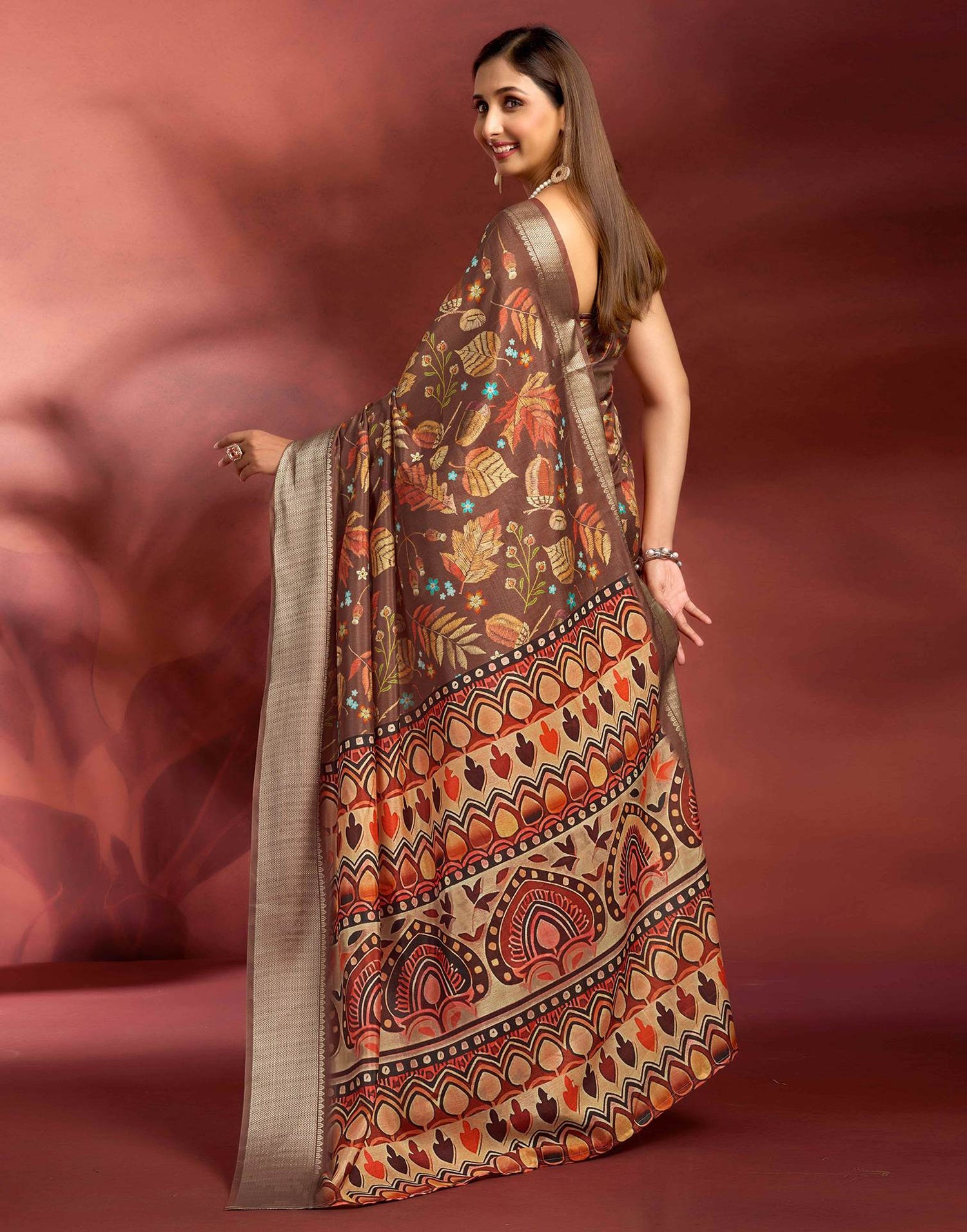 Ready To Wear Brown Dola Silk Printed Saree