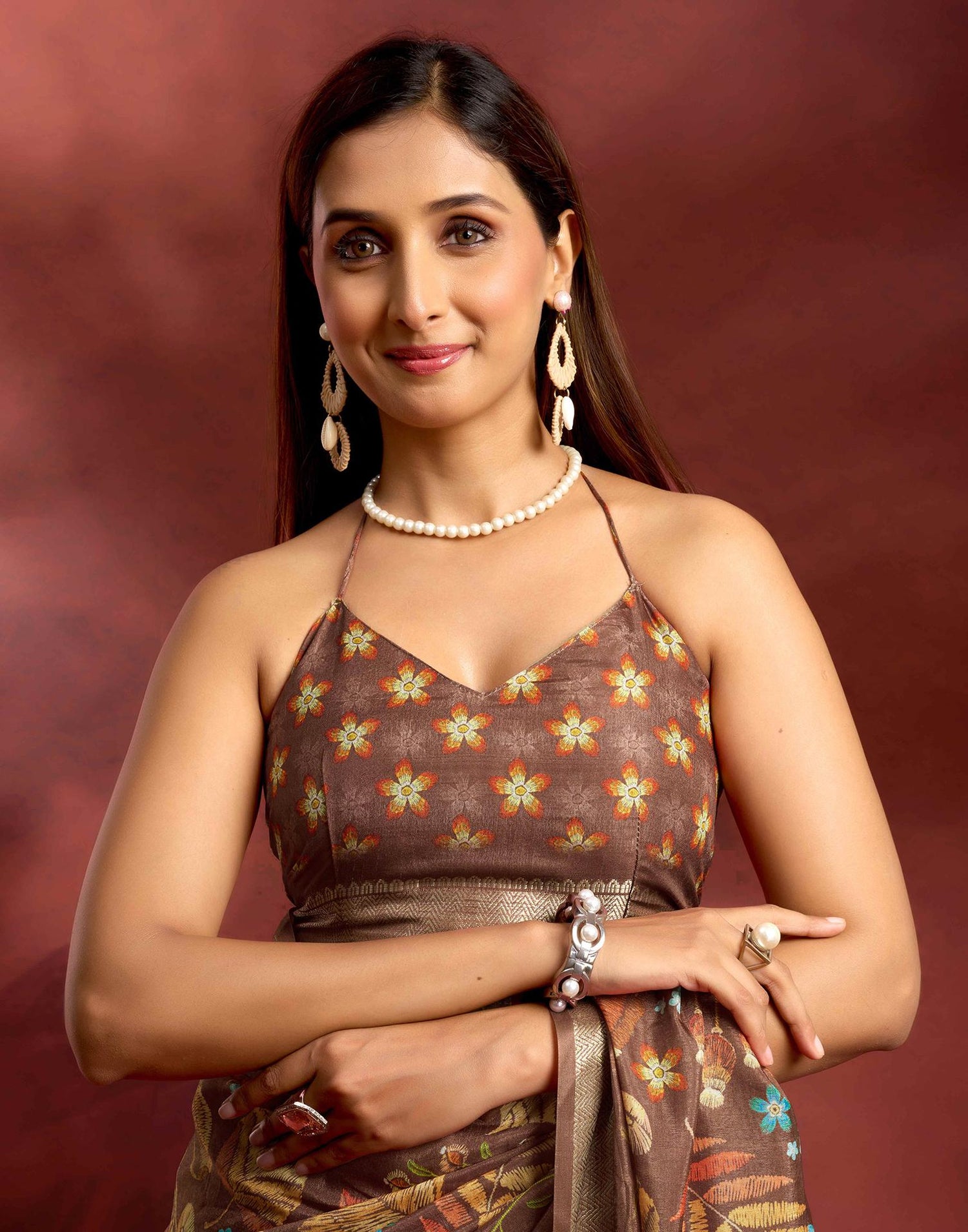 Ready To Wear Brown Dola Silk Printed Saree