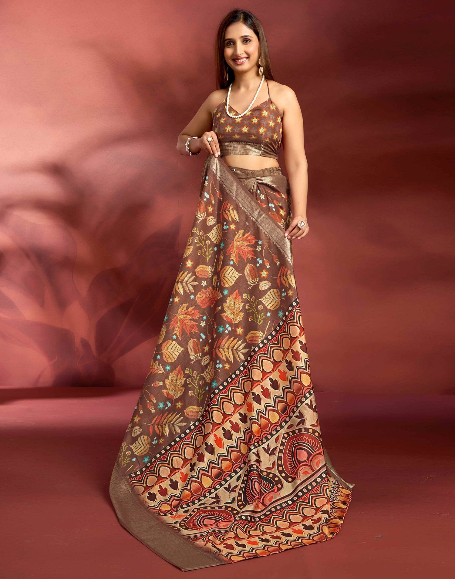 Ready To Wear Brown Dola Silk Printed Saree