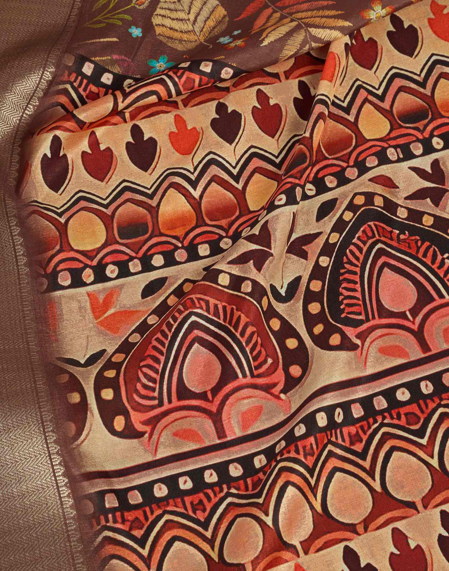 Ready To Wear Brown Dola Silk Printed Saree