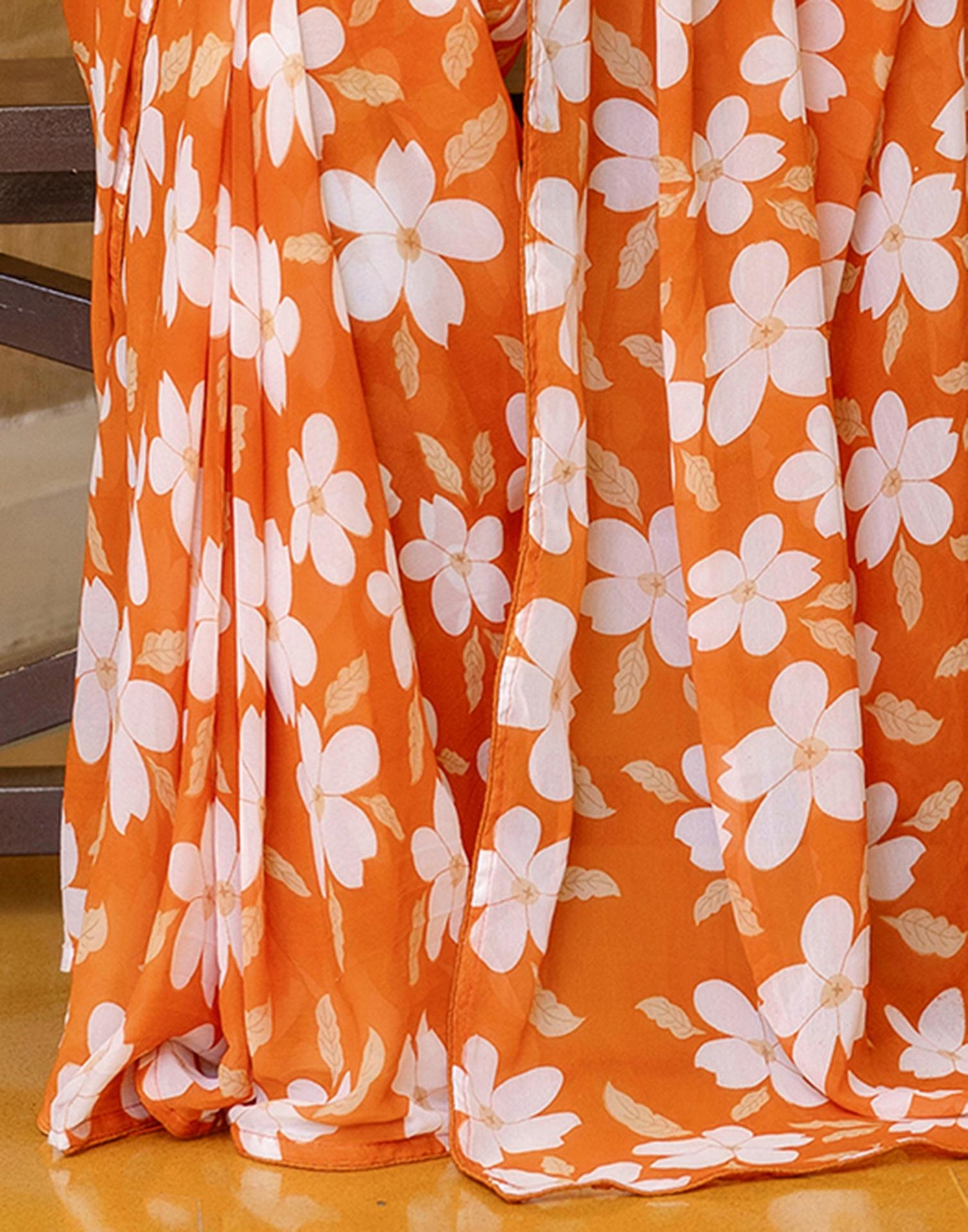 Ready To Wear Orange Georgette Floral Printed Saree