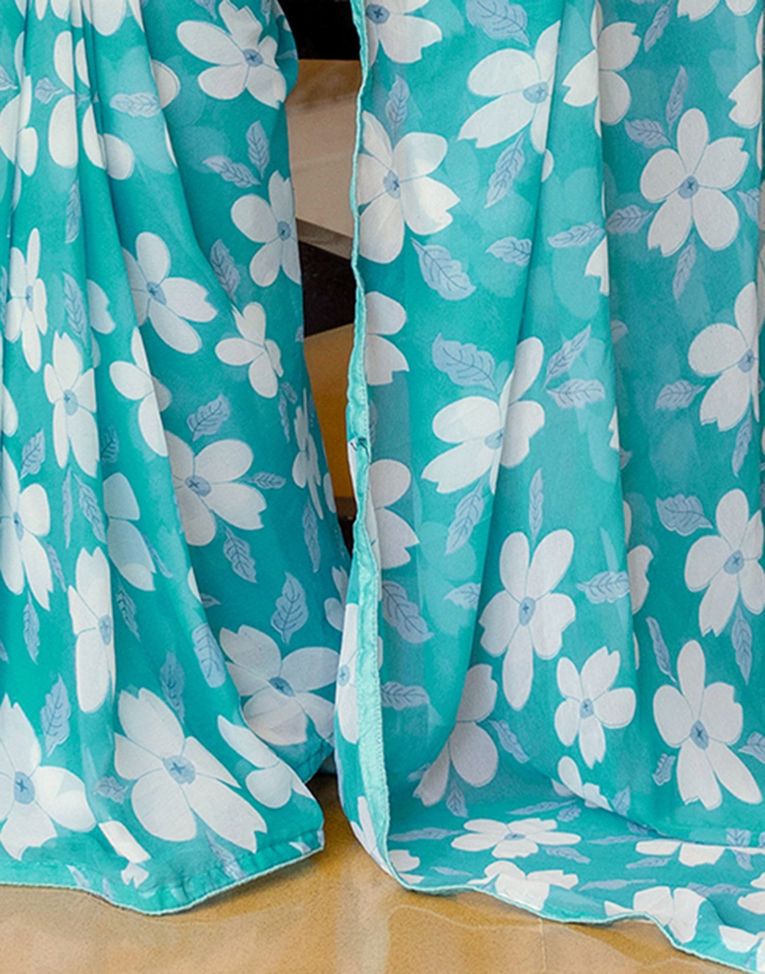 Ready To Wear Turquoise Georgette Floral Printed Saree