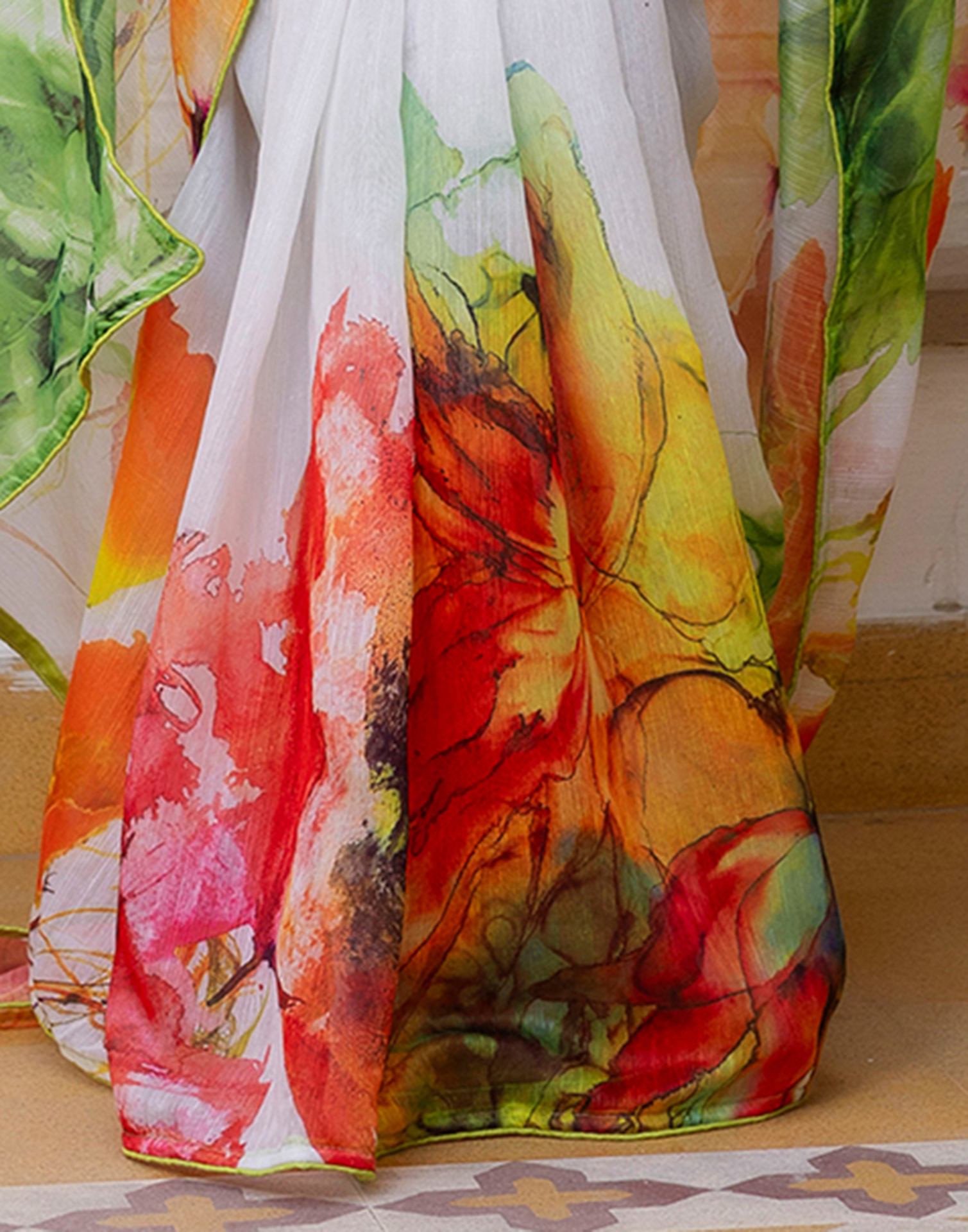 Ready To Wear White Cotton Floral Printed Saree