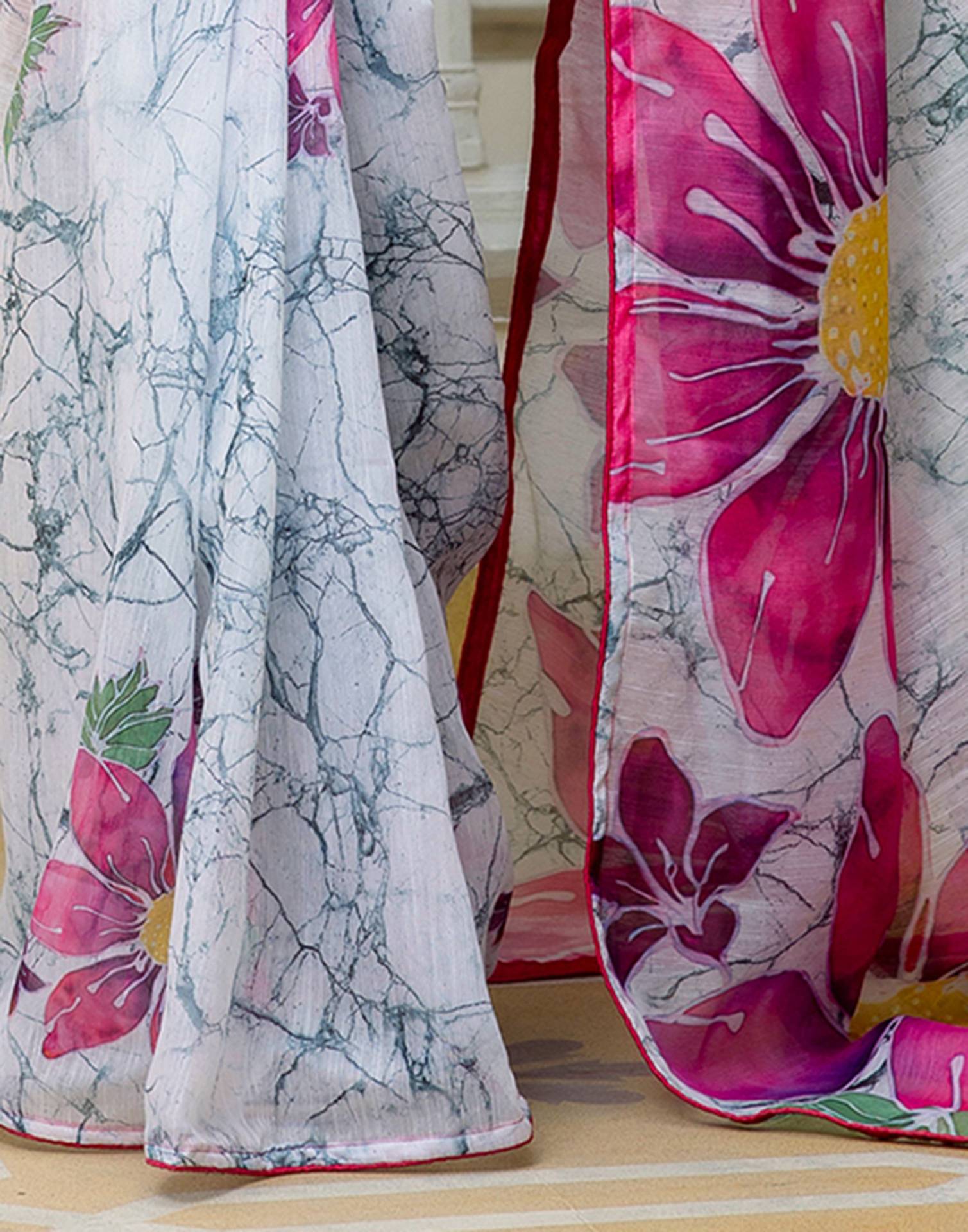 Ready To Wear White Cotton Floral Printed Saree