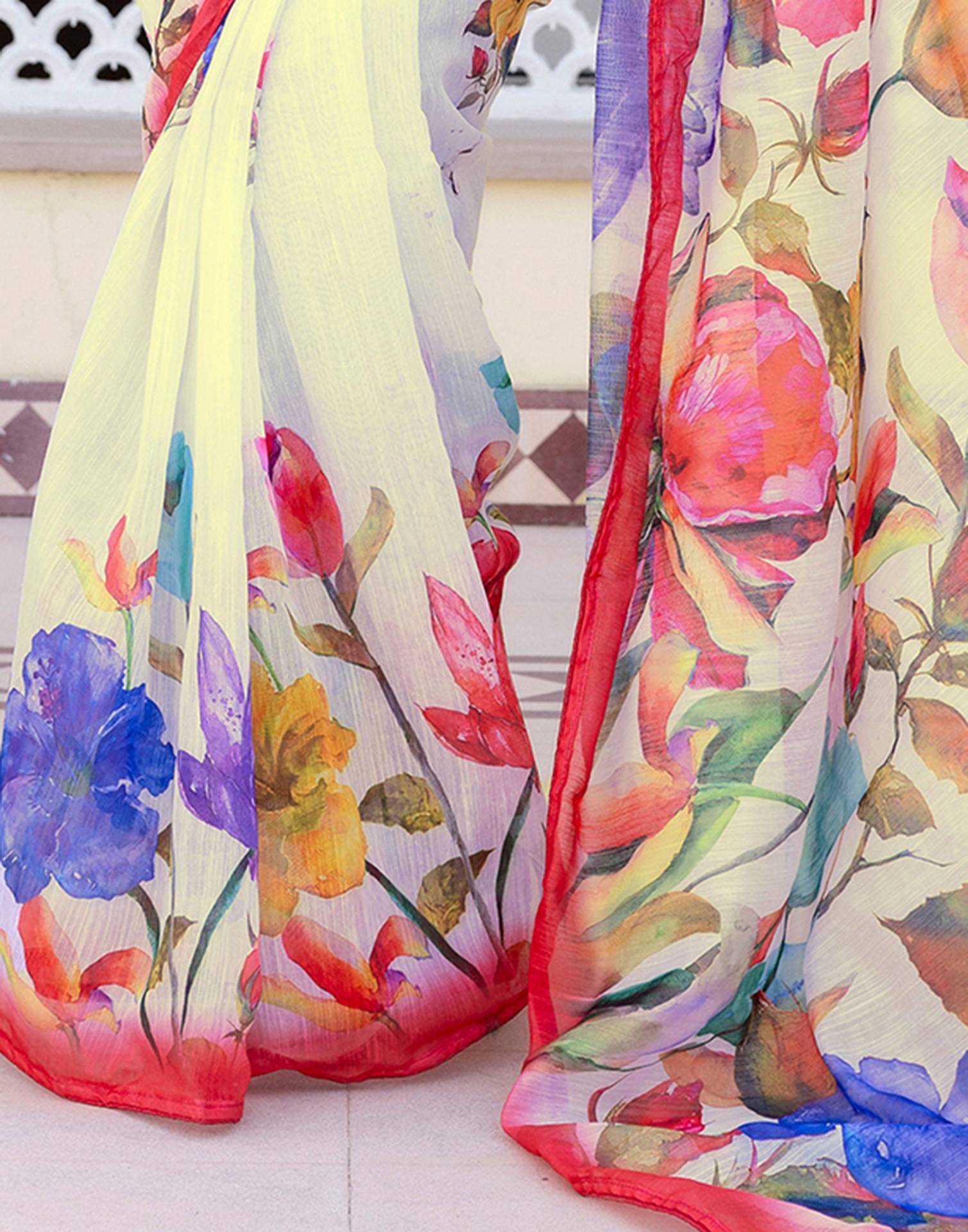 Ready To Wear White Cotton Floral Printed Saree