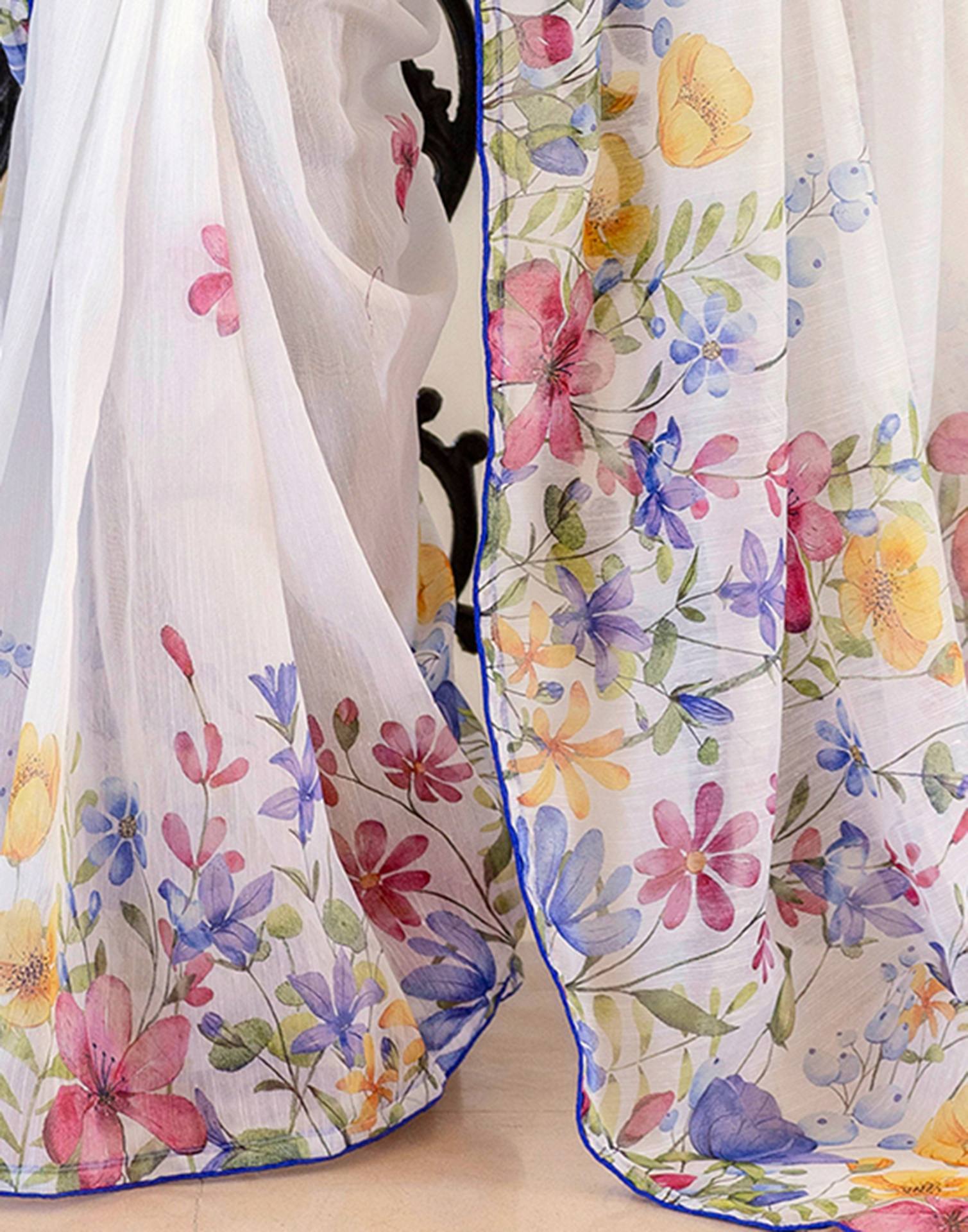 Ready To Wear White Cotton Floral Printed Saree