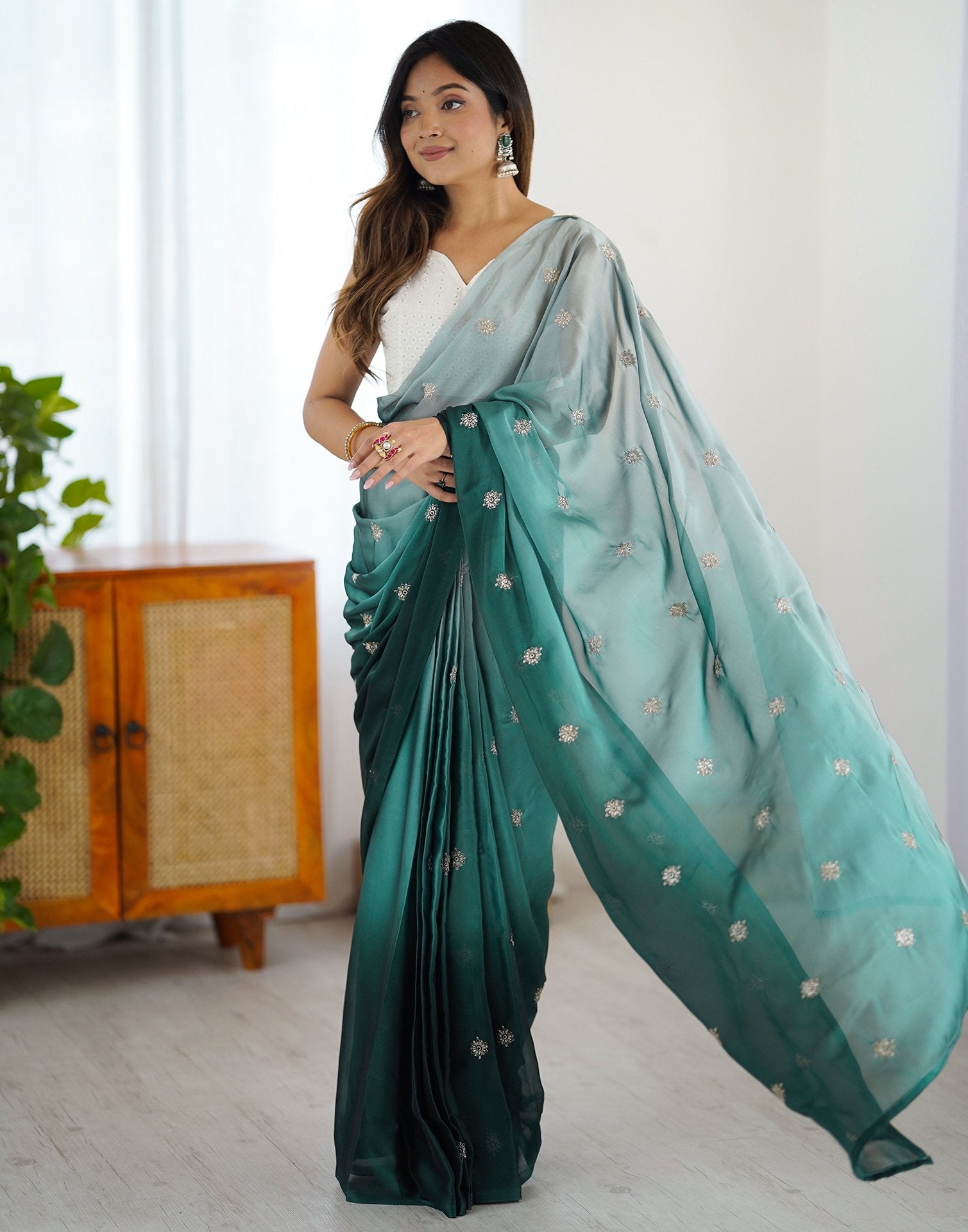 Ready To Wear Dark Green Silk Embroidery Saree