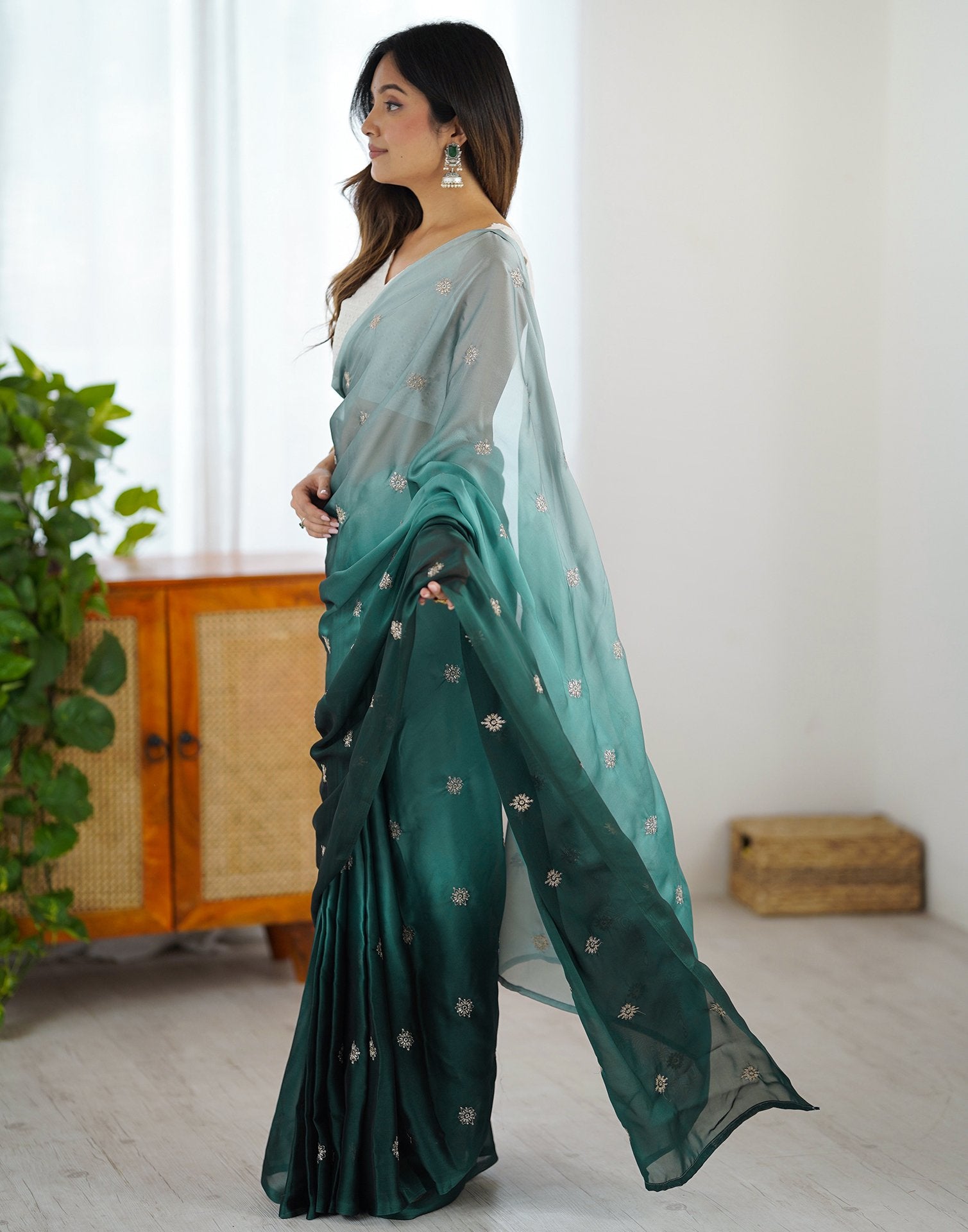 Ready To Wear Dark Green Silk Embroidery Saree
