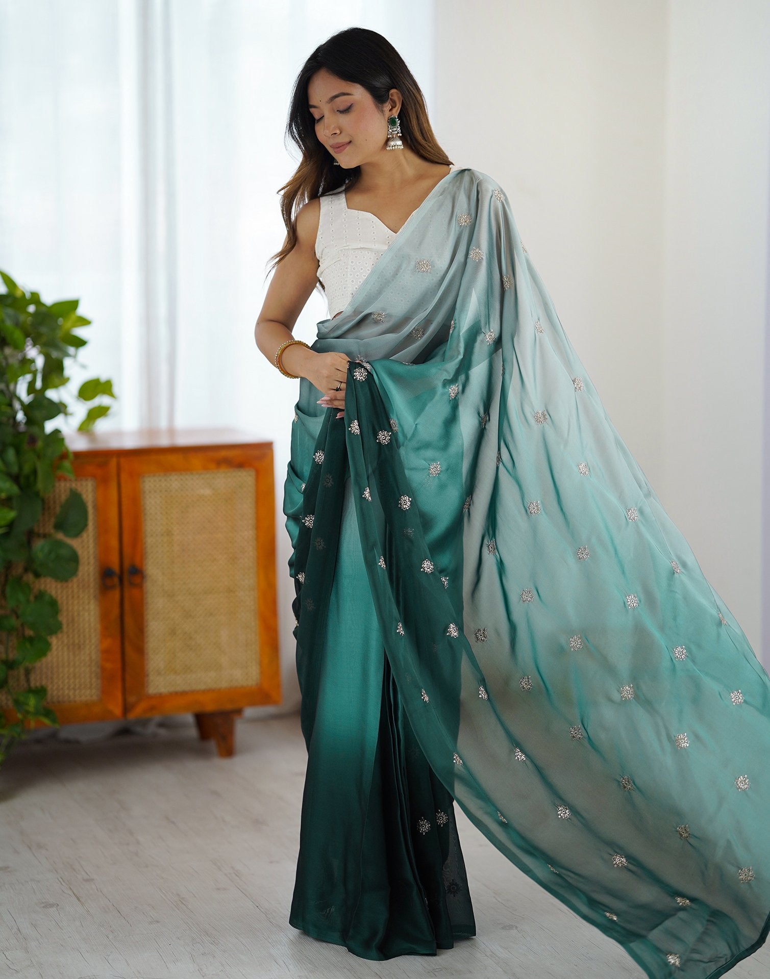 Ready To Wear Dark Green Silk Embroidery Saree
