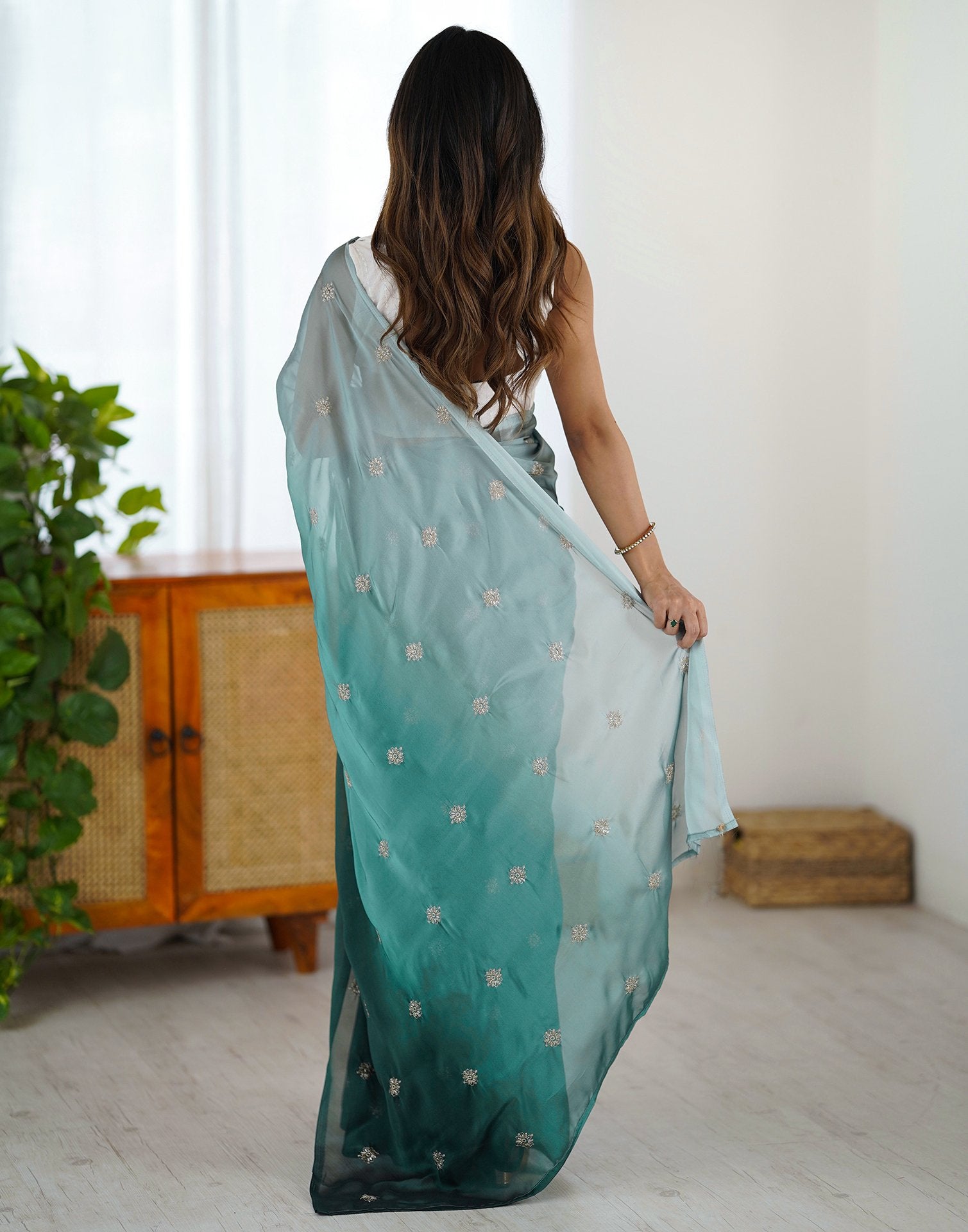 Ready To Wear Dark Green Silk Embroidery Saree