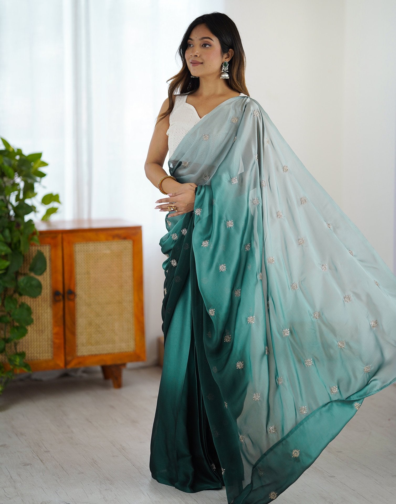 Ready To Wear Dark Green Silk Embroidery Saree