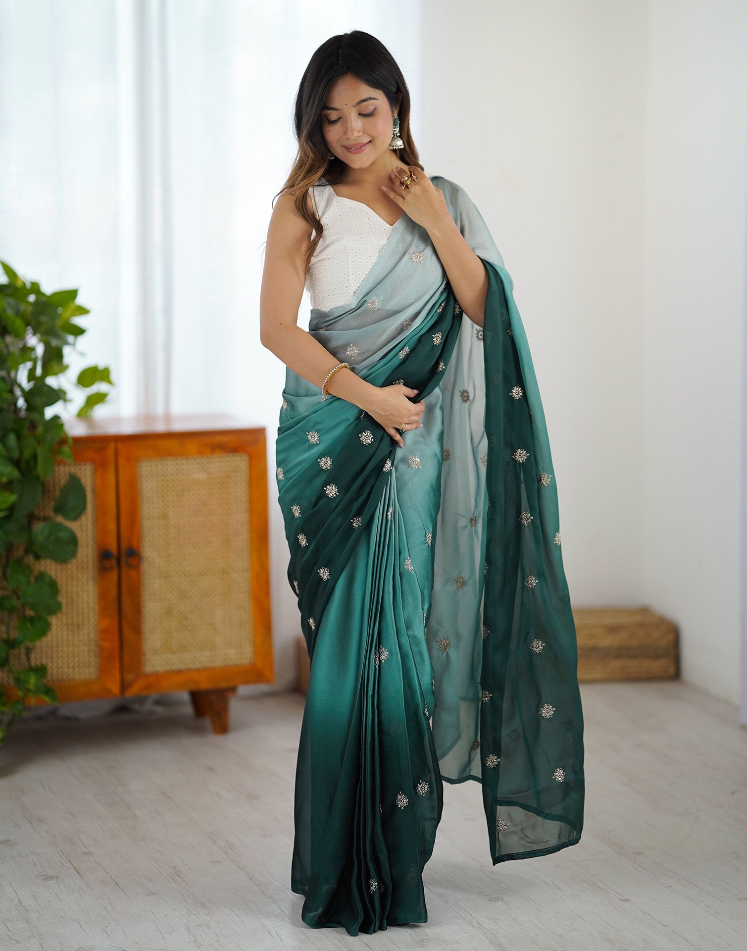 Ready To Wear Dark Green Silk Embroidery Saree
