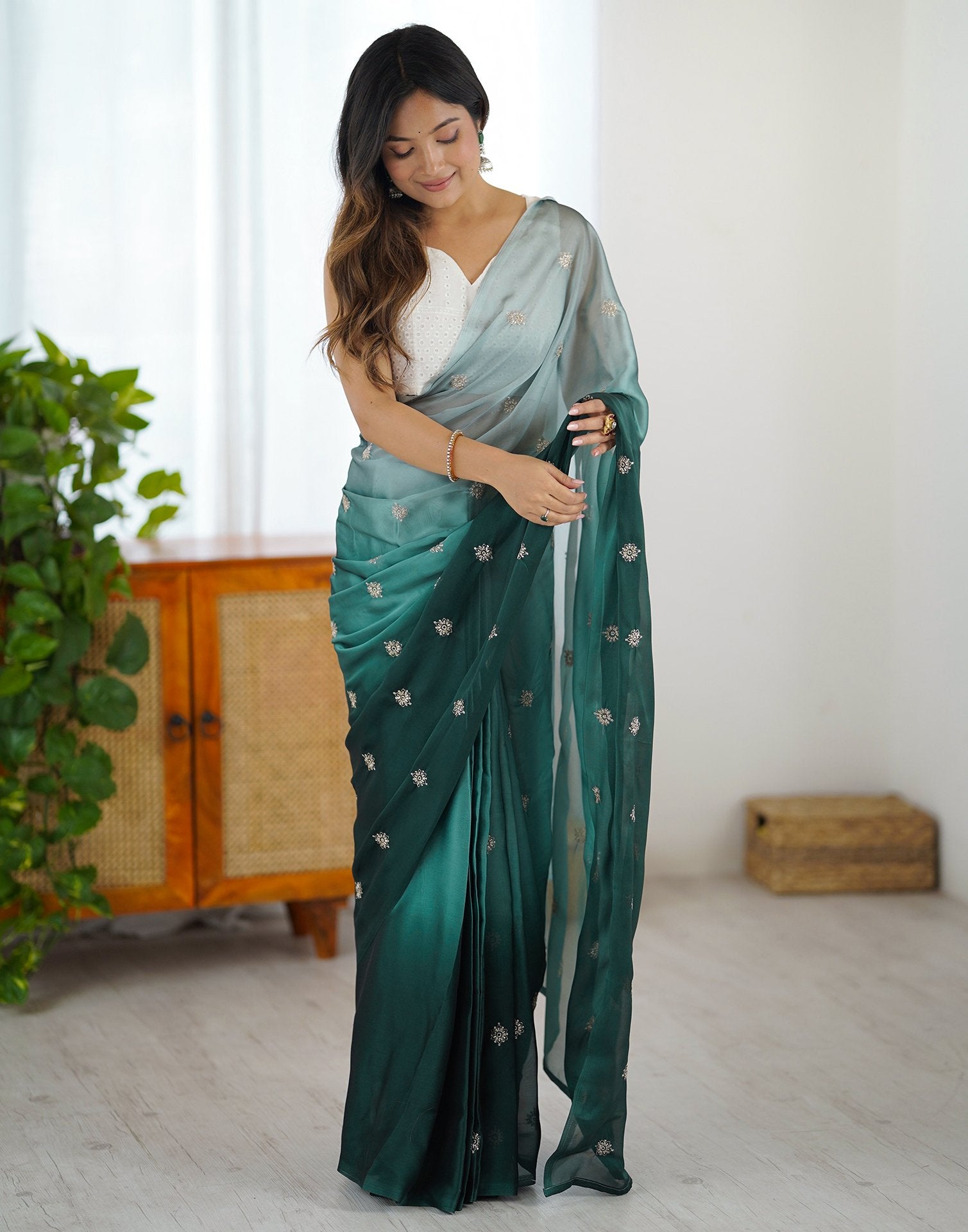 Ready To Wear Dark Green Silk Embroidery Saree