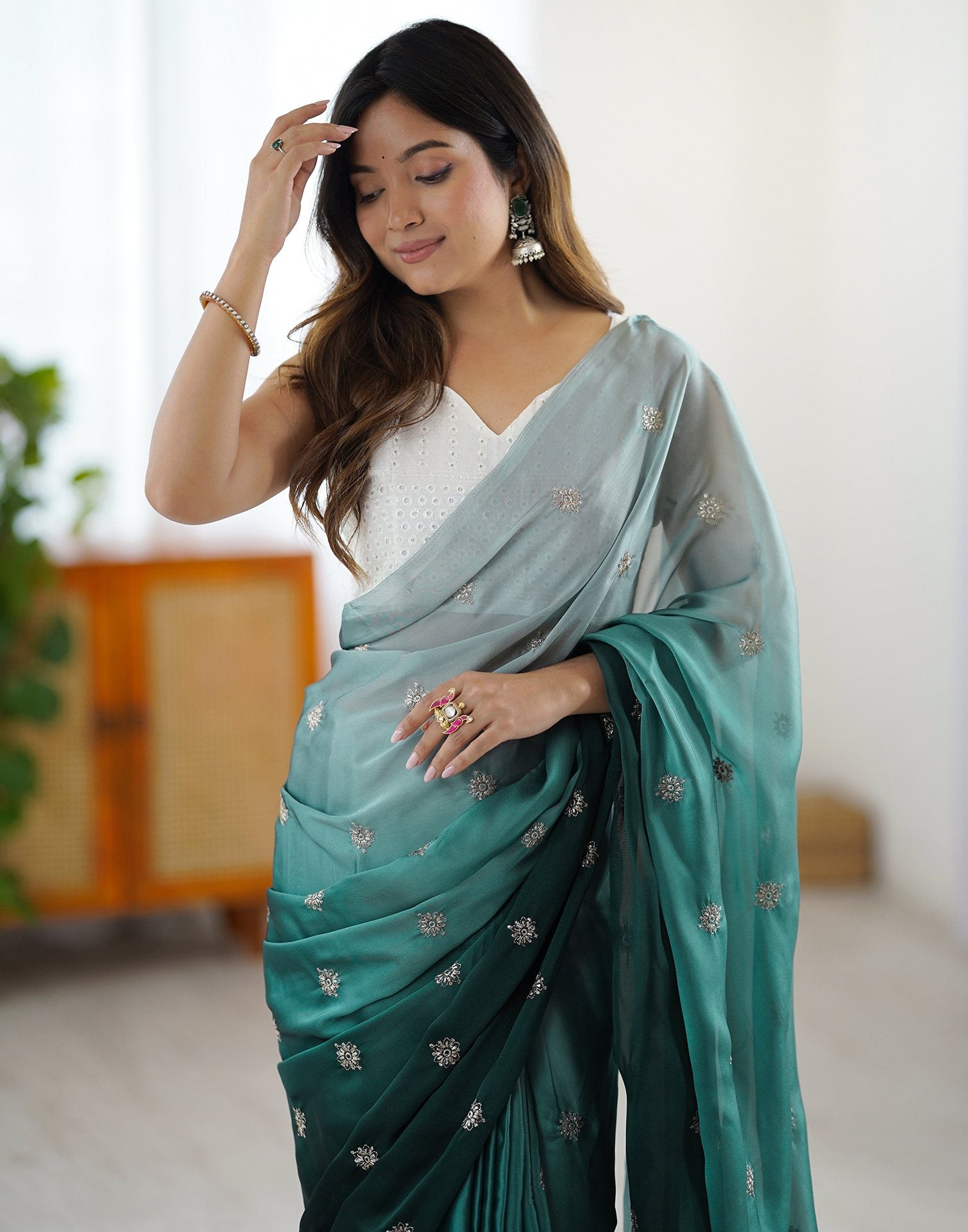 Ready To Wear Dark Green Silk Embroidery Saree