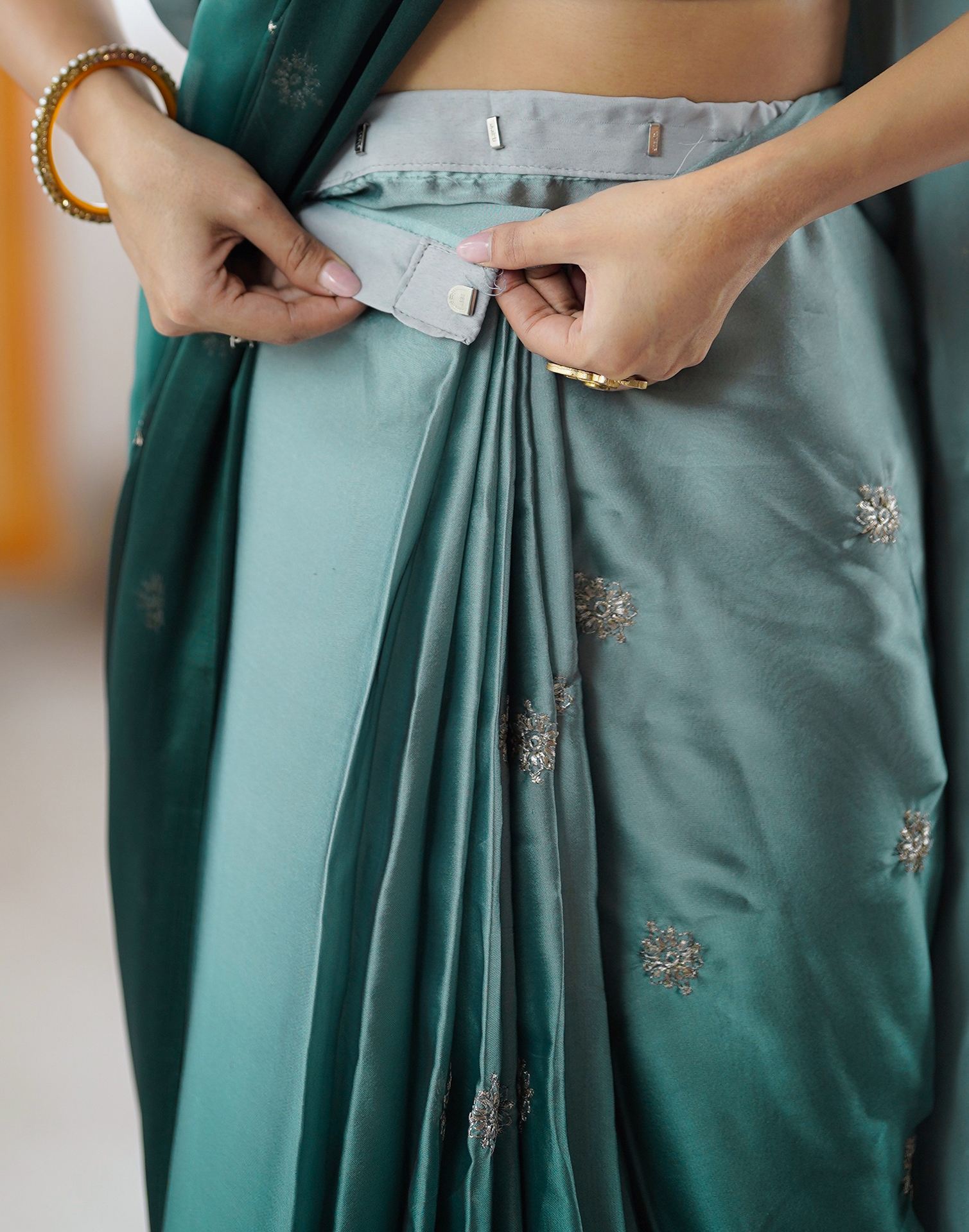 Ready To Wear Dark Green Silk Embroidery Saree