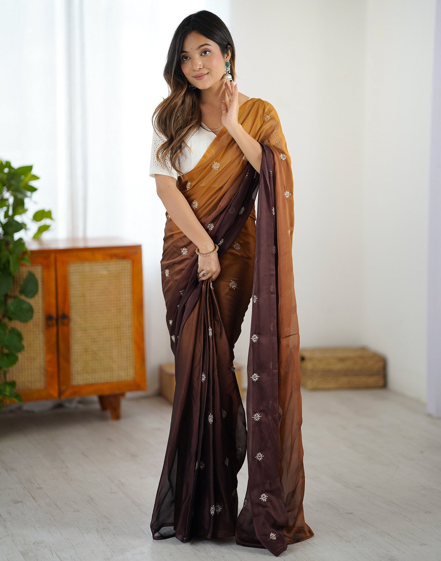 Ready To Wear Brown Silk Embroidery Saree