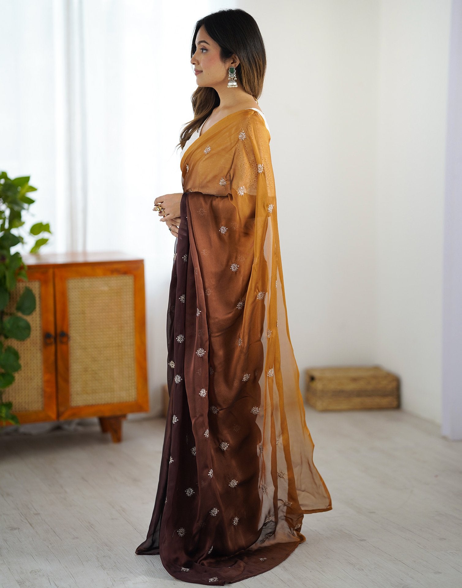 Ready To Wear Brown Silk Embroidery Saree
