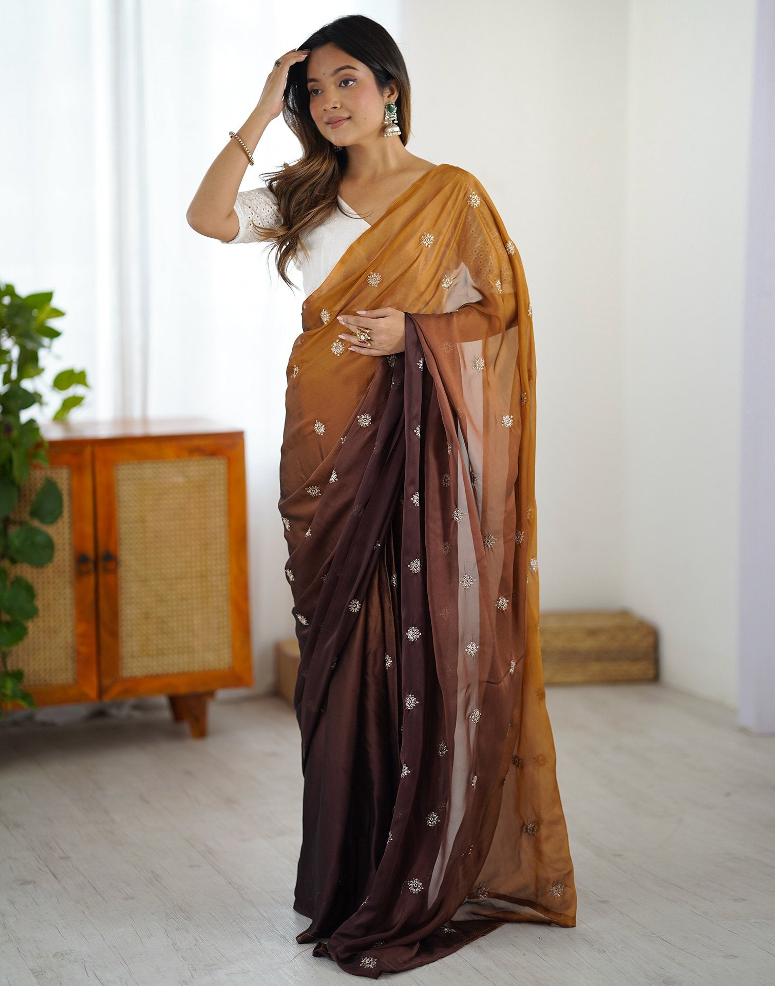 Ready To Wear Brown Silk Embroidery Saree