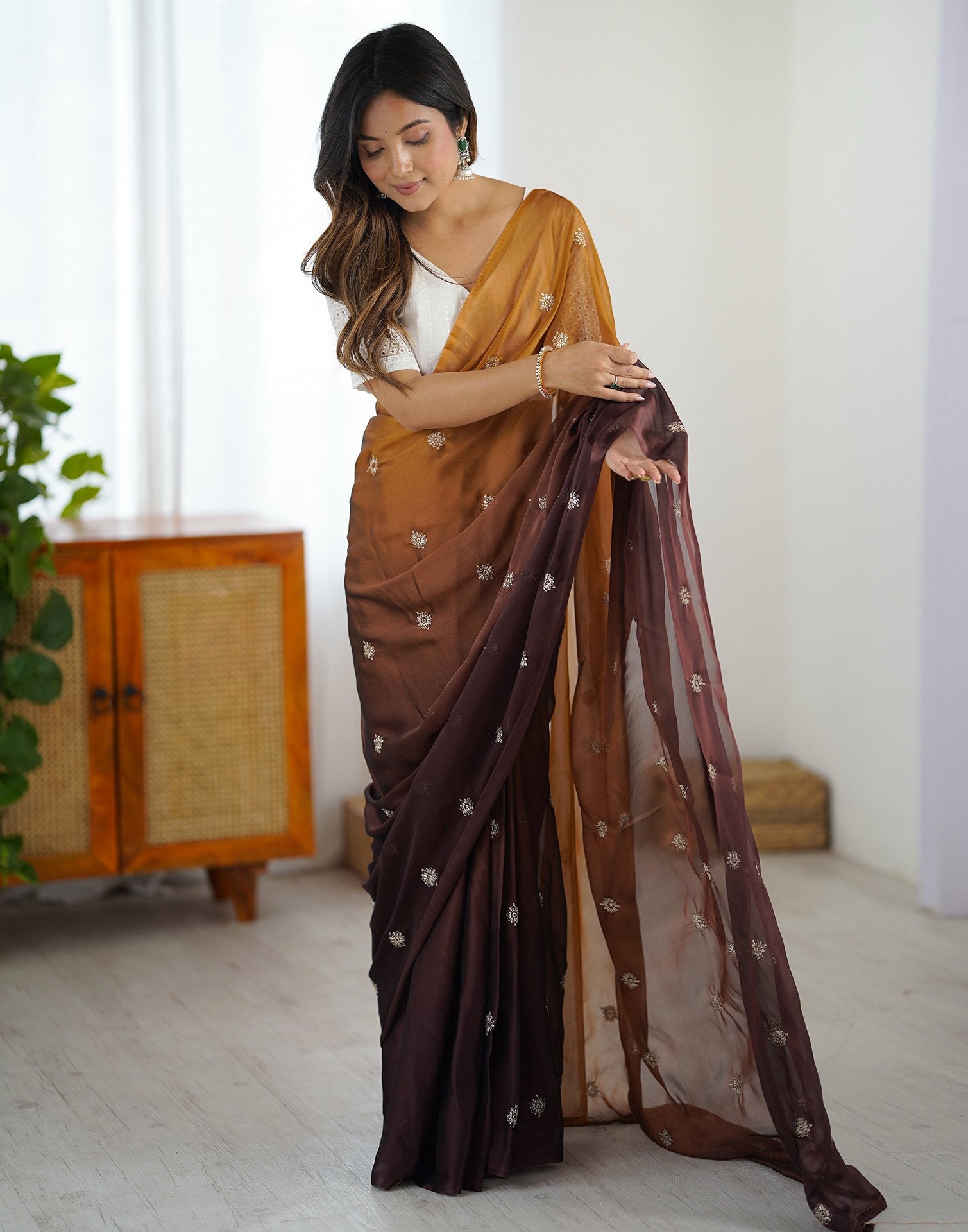 Ready To Wear Brown Silk Embroidery Saree