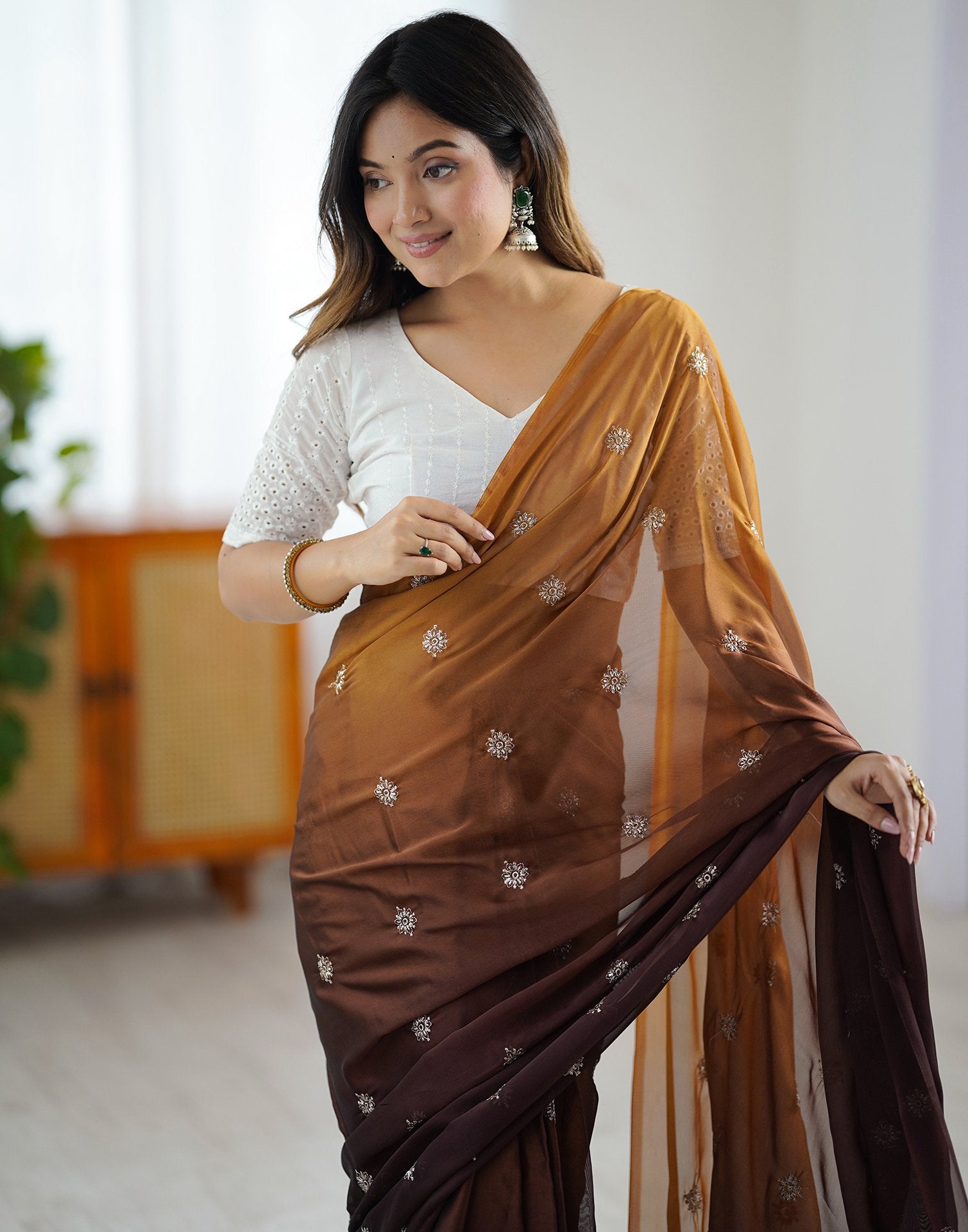 Ready To Wear Brown Silk Embroidery Saree