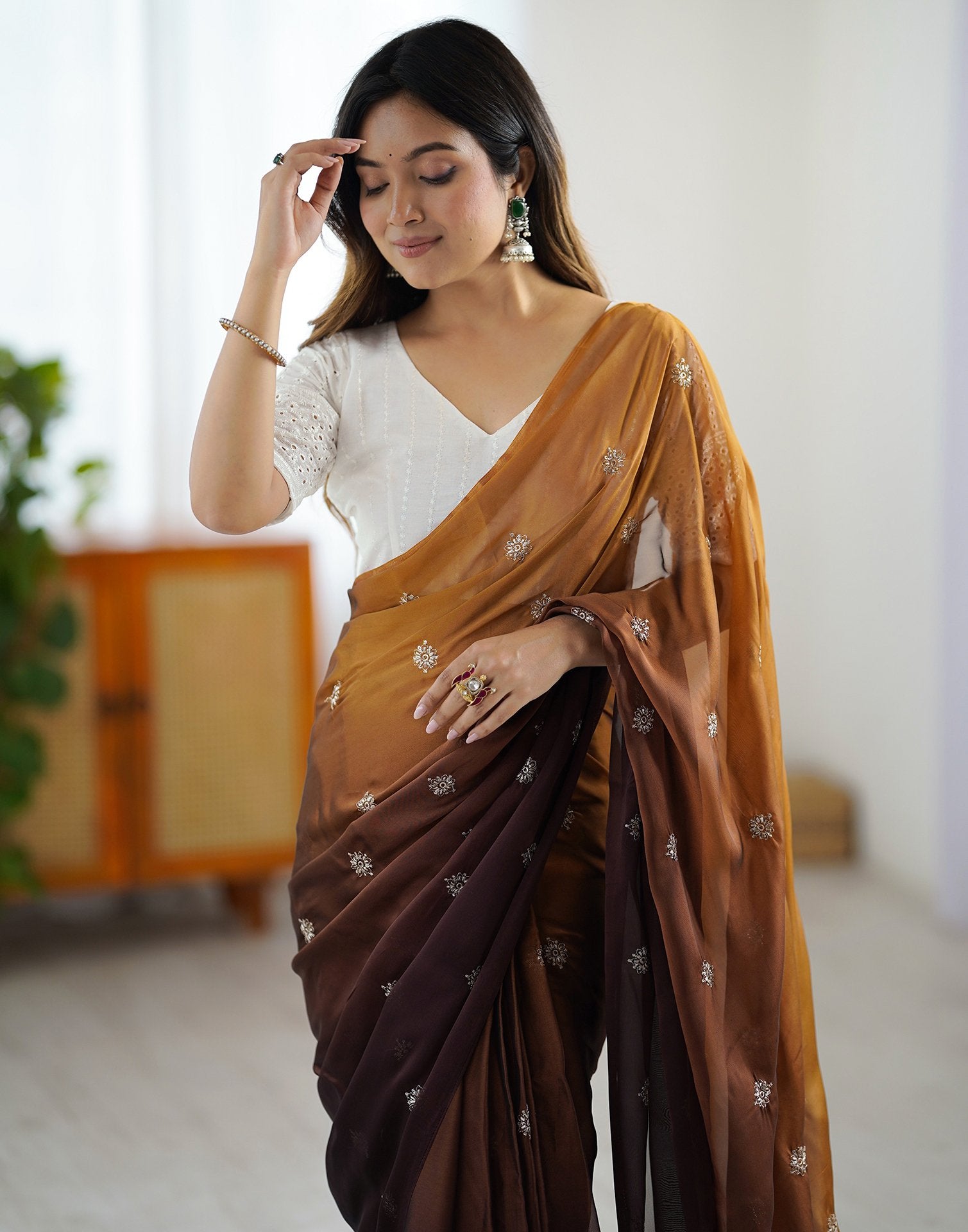 Ready To Wear Brown Silk Embroidery Saree
