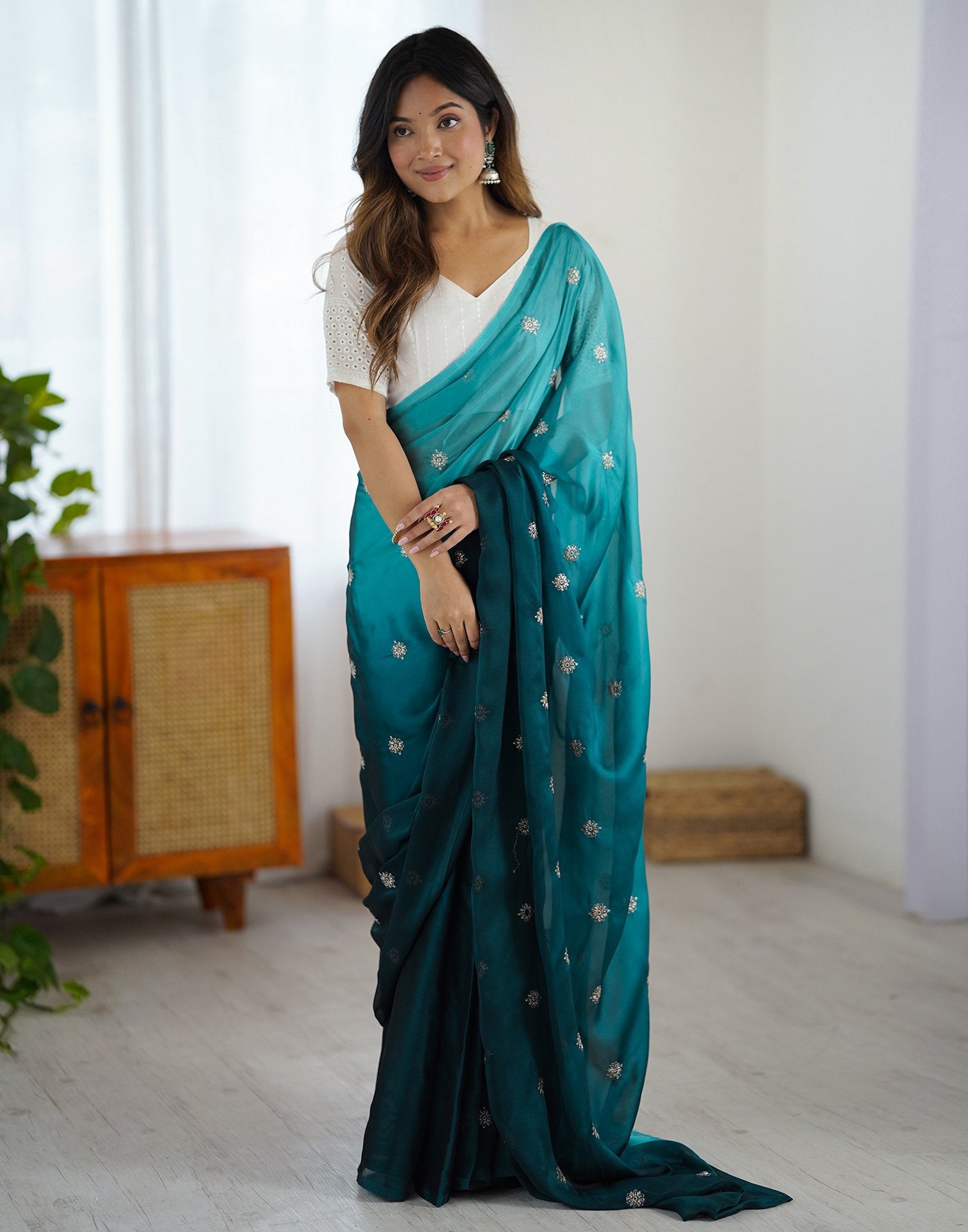 Ready To Wear Rama Blue Silk Embroidery Saree