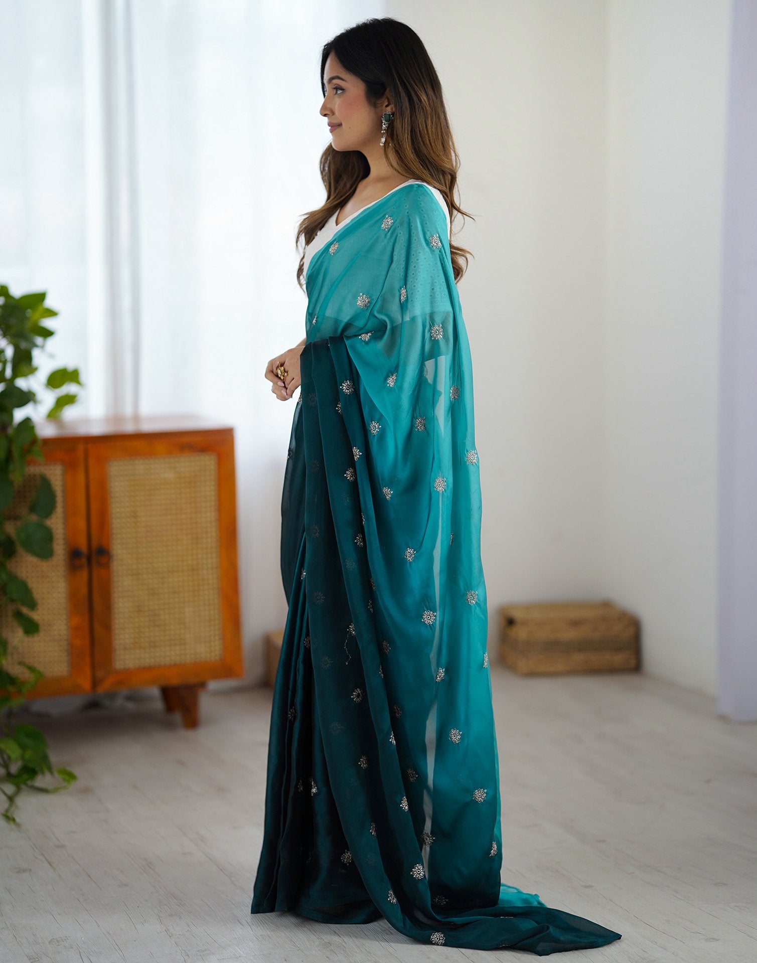 Ready To Wear Rama Blue Silk Embroidery Saree