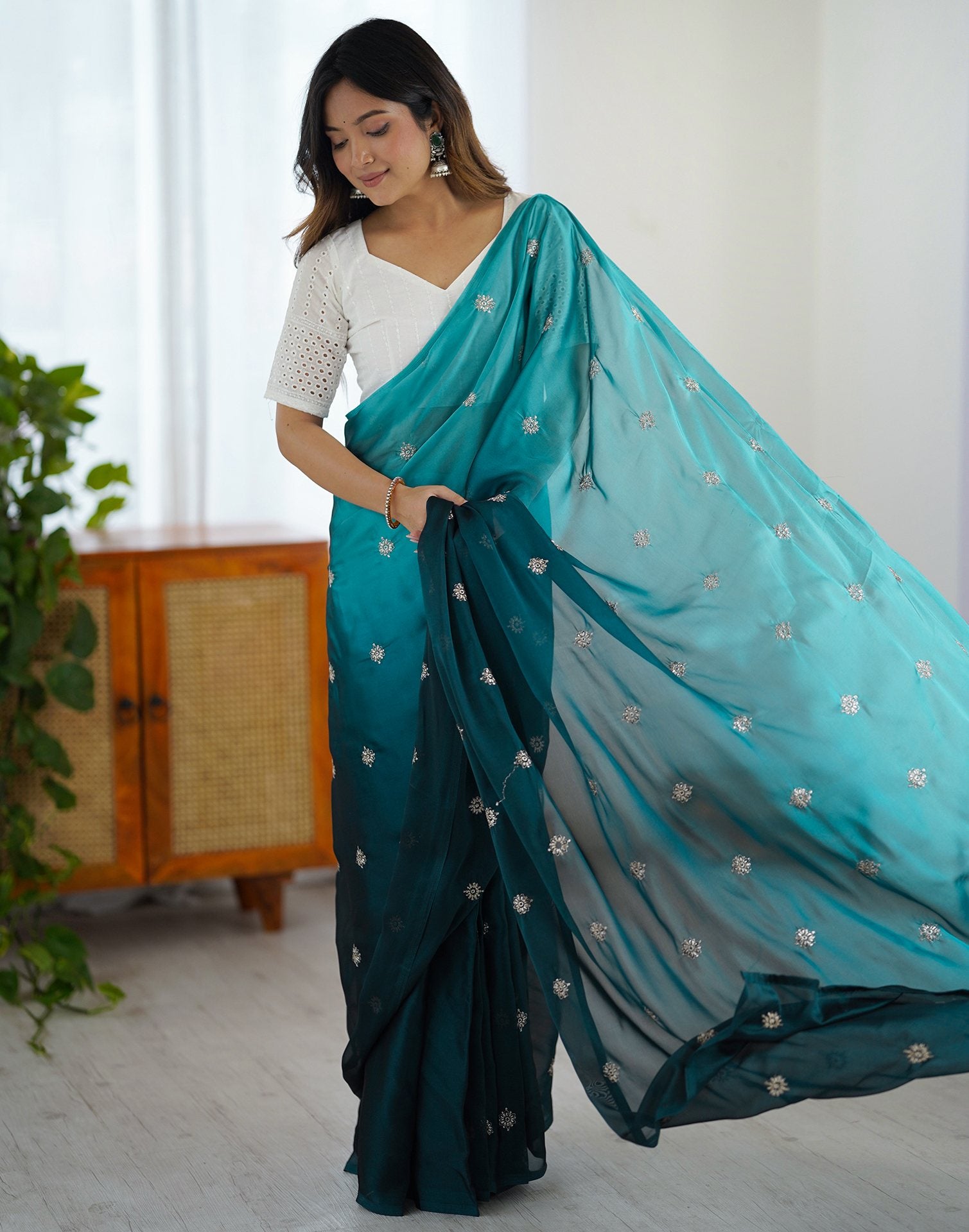 Ready To Wear Rama Blue Silk Embroidery Saree
