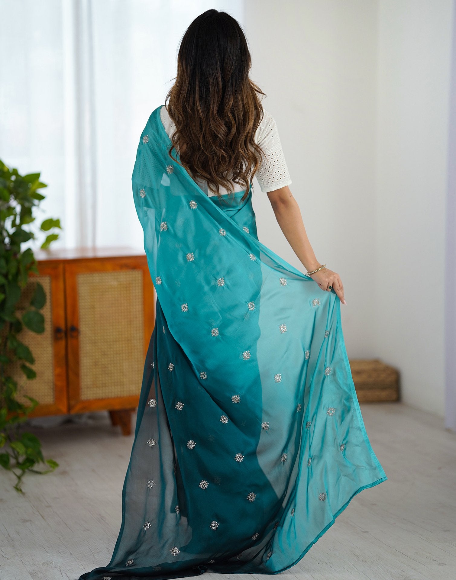 Ready To Wear Rama Blue Silk Embroidery Saree