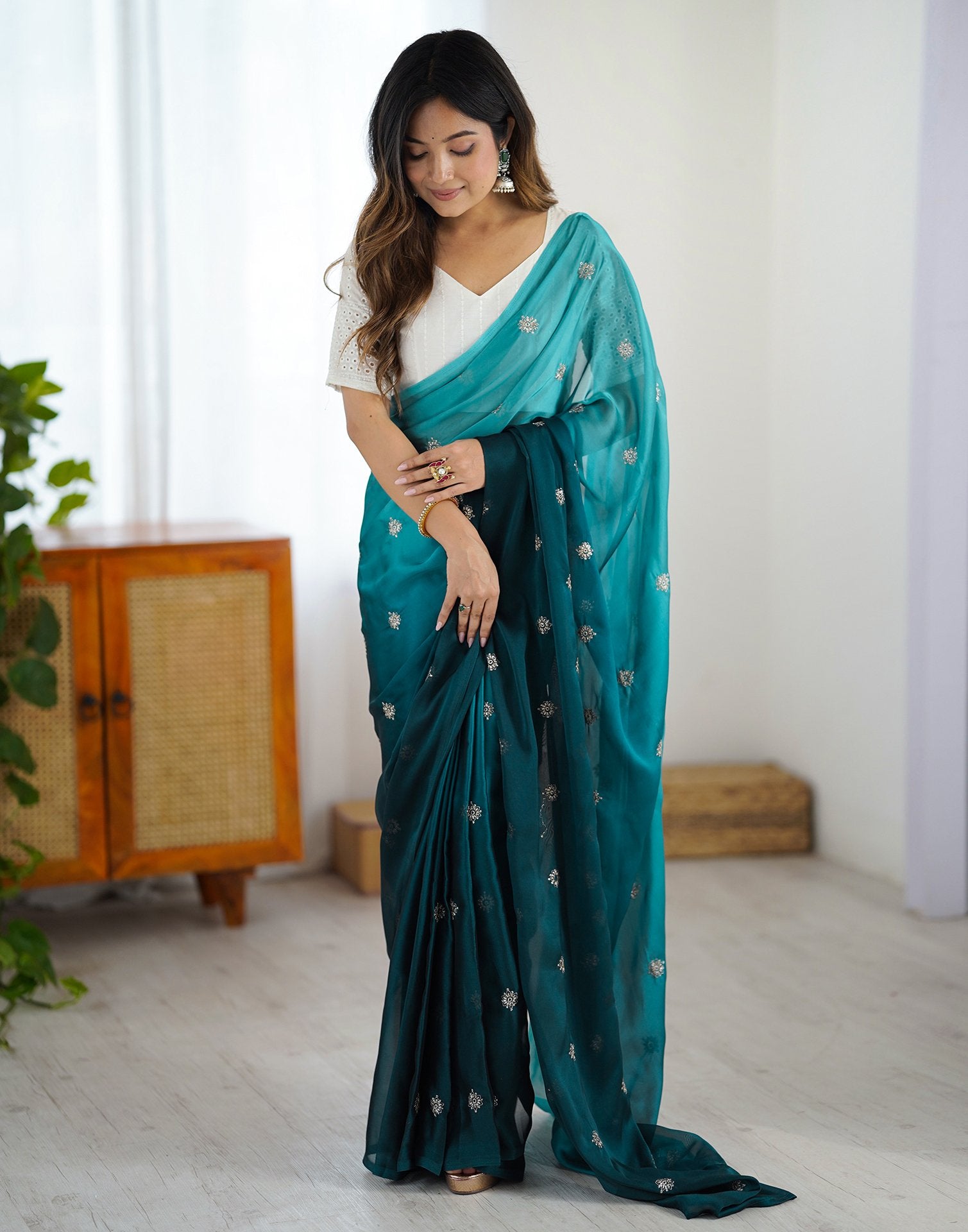Ready To Wear Rama Blue Silk Embroidery Saree