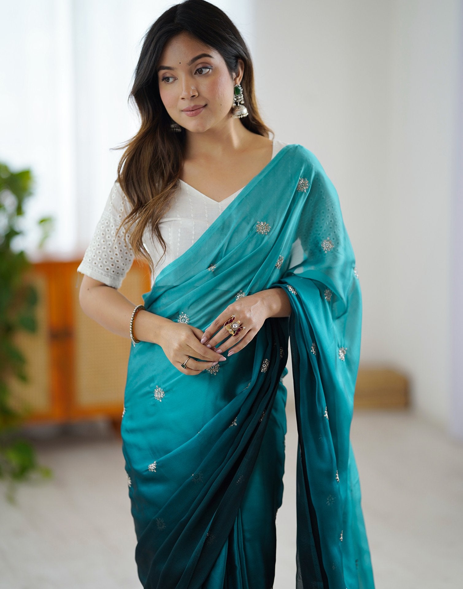 Ready To Wear Rama Blue Silk Embroidery Saree