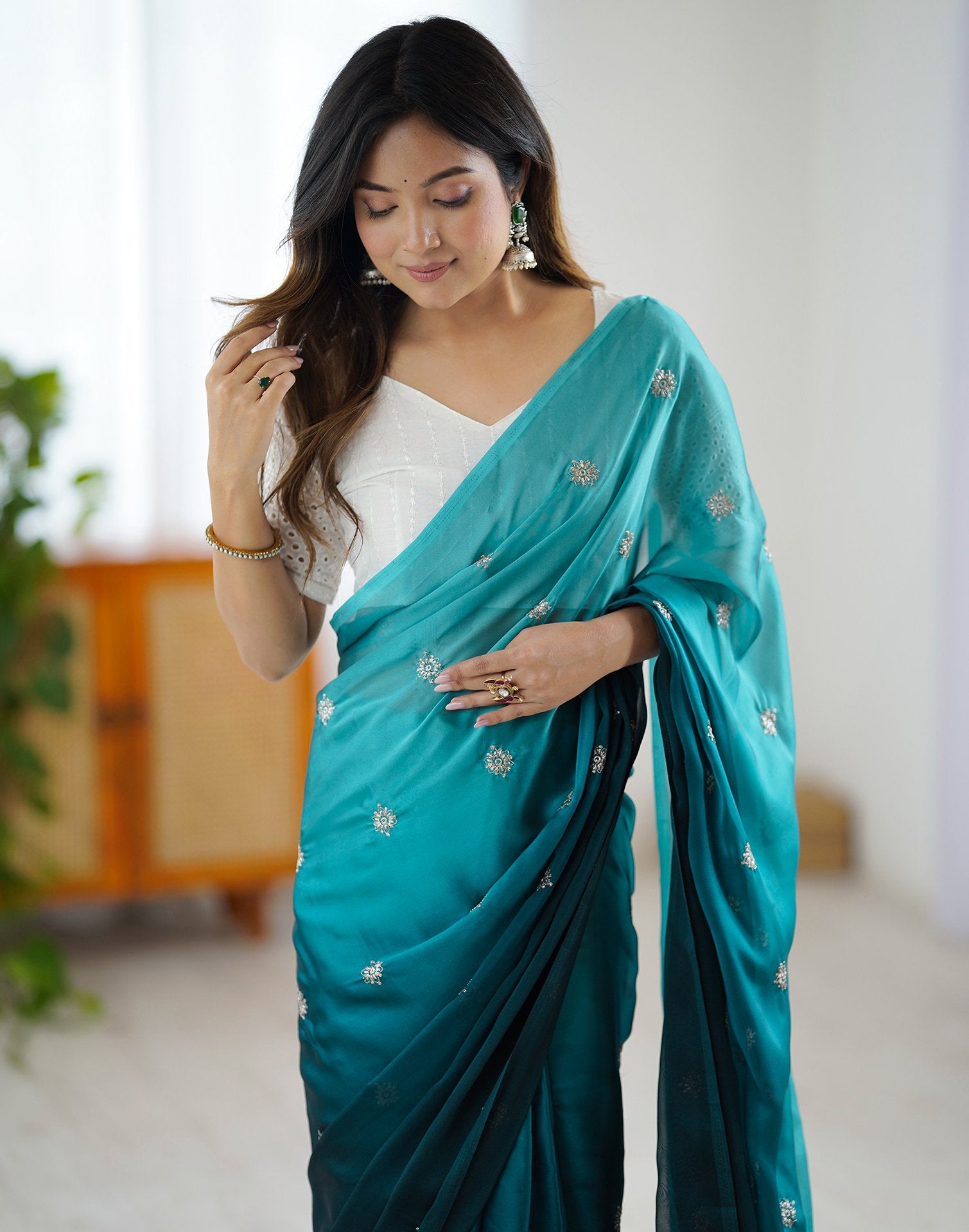 Ready To Wear Rama Blue Silk Embroidery Saree