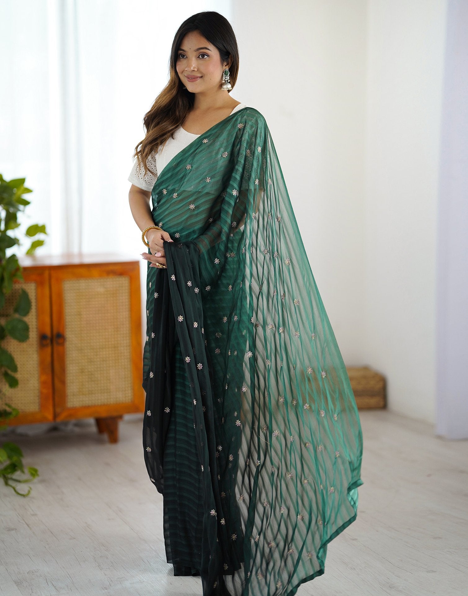 Ready To Wear Bottle Green Silk Embroidery Saree
