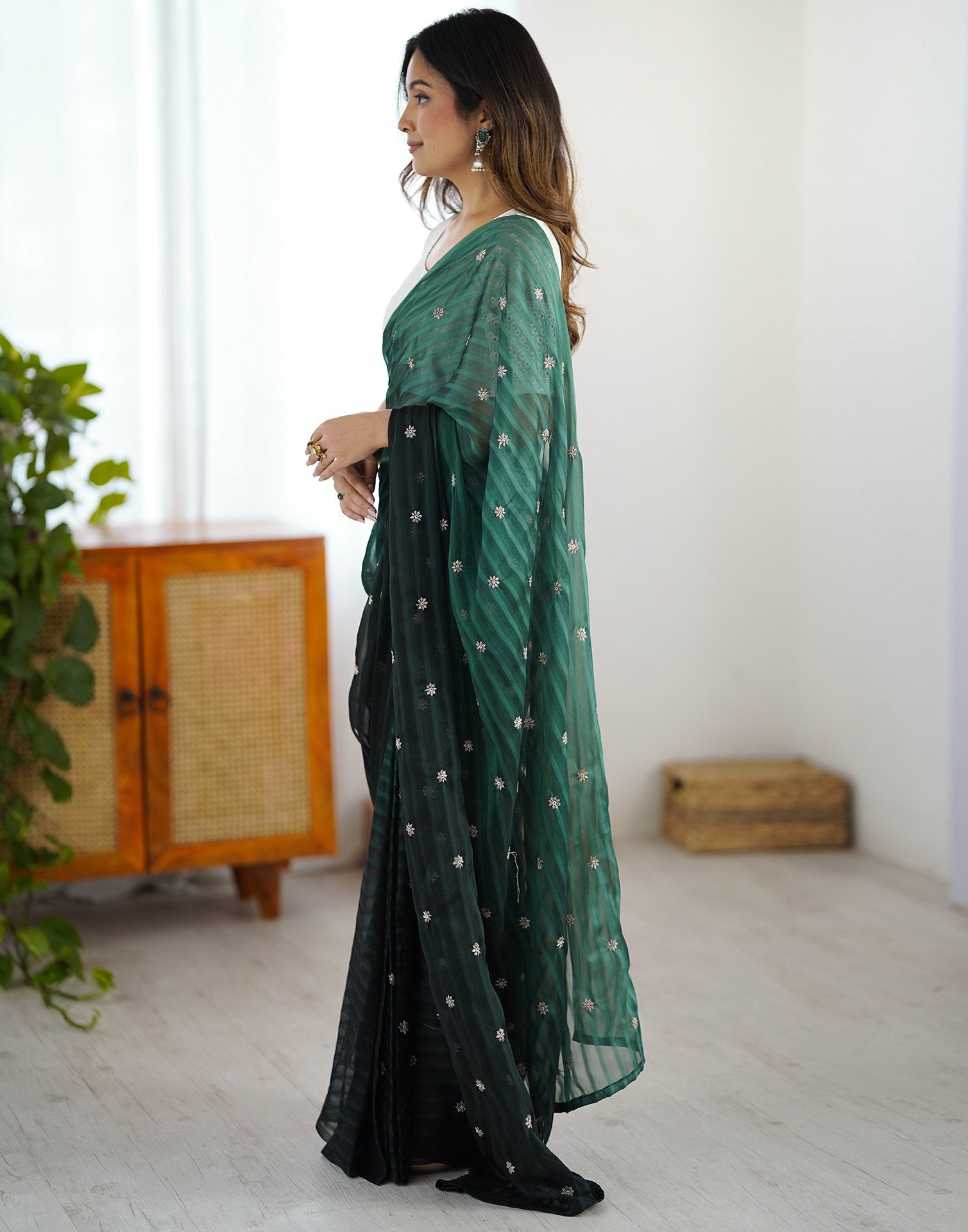 Ready To Wear Bottle Green Silk Embroidery Saree